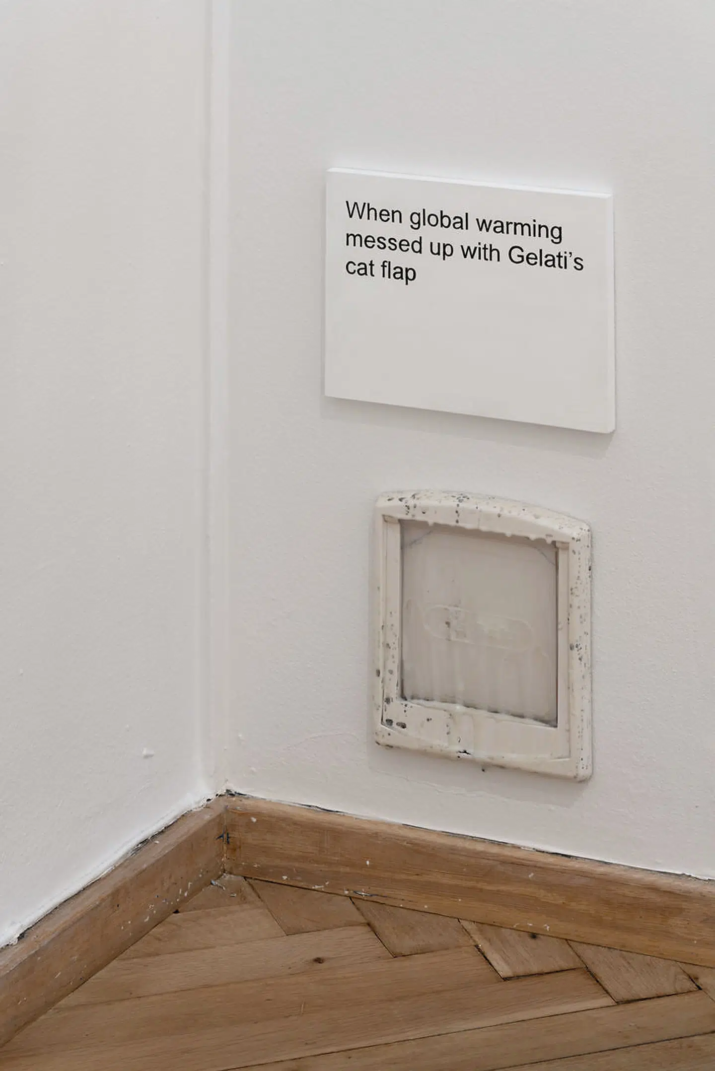 »When global warming messed up with Gelati's cat flap«, står der over kunstværket, der skal forestille en tilfrosset kattelem.