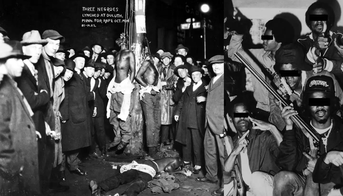 Sammenstillingen af en lynchning og en gruppe anonymiserede bandemedlemmer med våben kan både læses som en 1:1-kommentar – »det ene er et resultat af det andet« – eller som en mere almen meditation over menneskets natur.