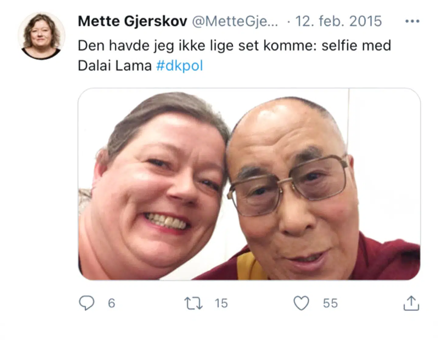 Glad og stolt. Mette Gjerskov møder Dalai Lama. Februar 2015. Topfolk i både Statsministeriet og Udenrigsministeriet havde ønsket, at der aldrig havde været en selfie at tage.