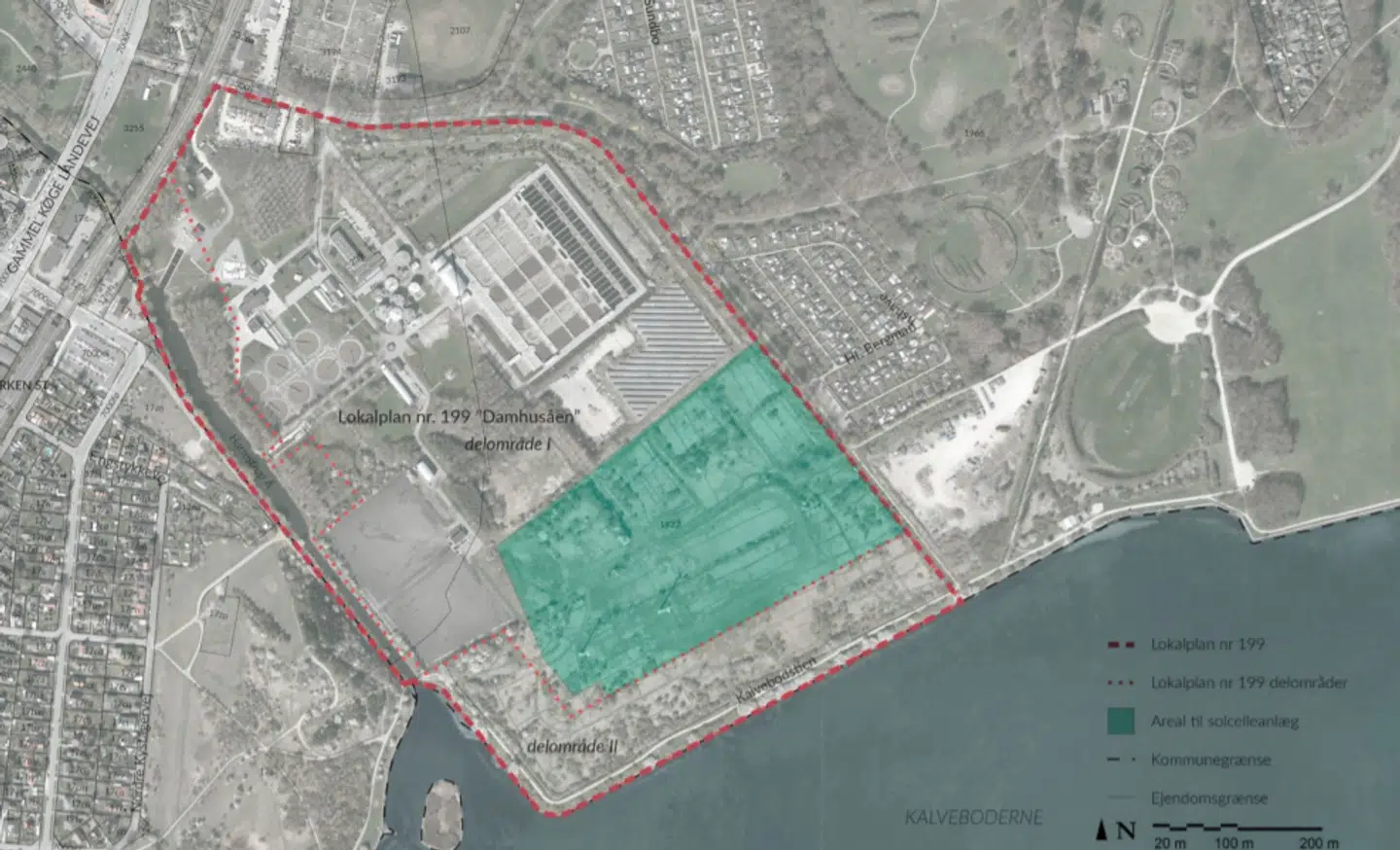 Hofors grund ved Kalveboderne. Den grønne firkant indikerer, hvor forsyningsselskabet planlægger at anlægge solceller.