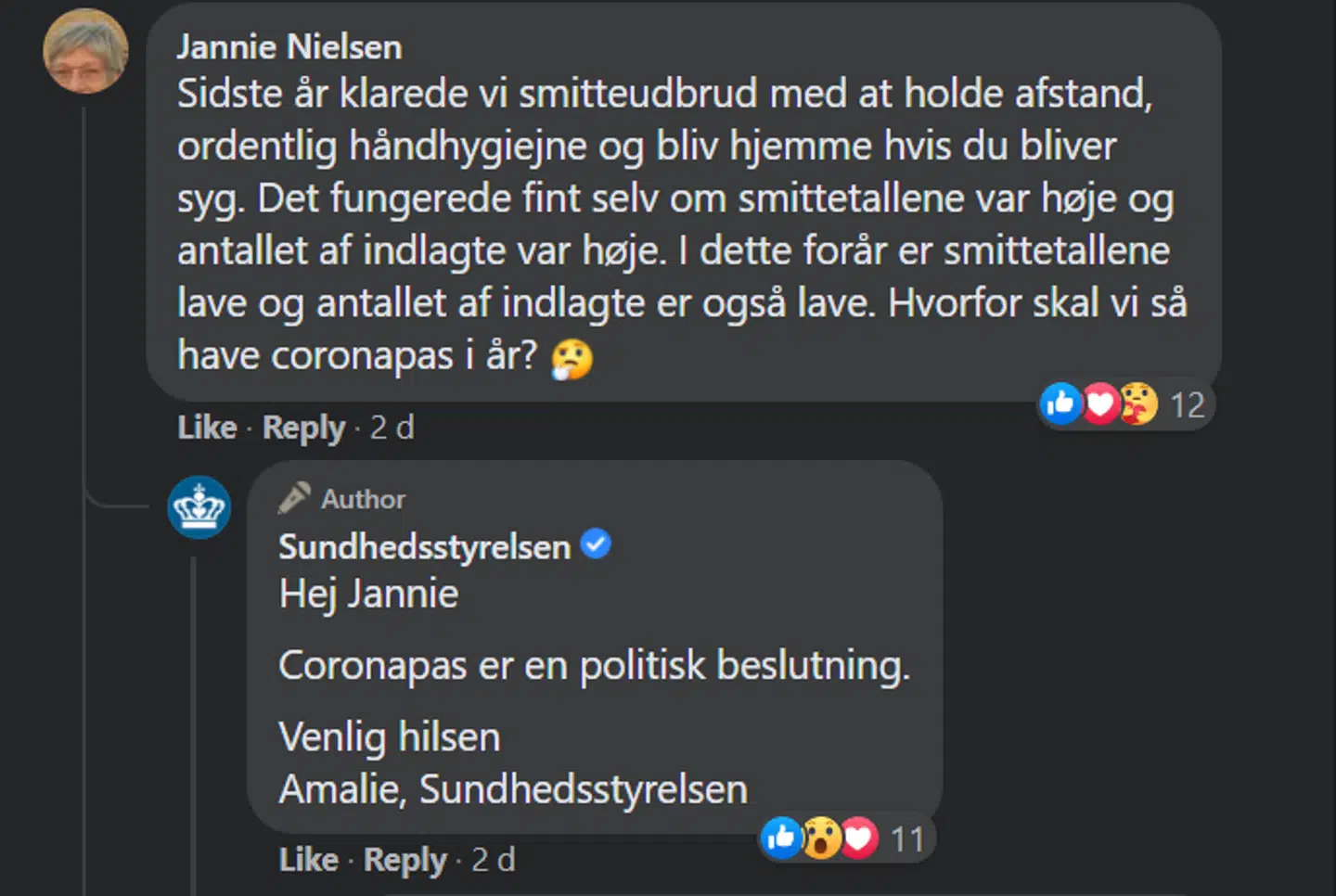 Screendump fra Sundhedsstyrelsens Facebook-side.