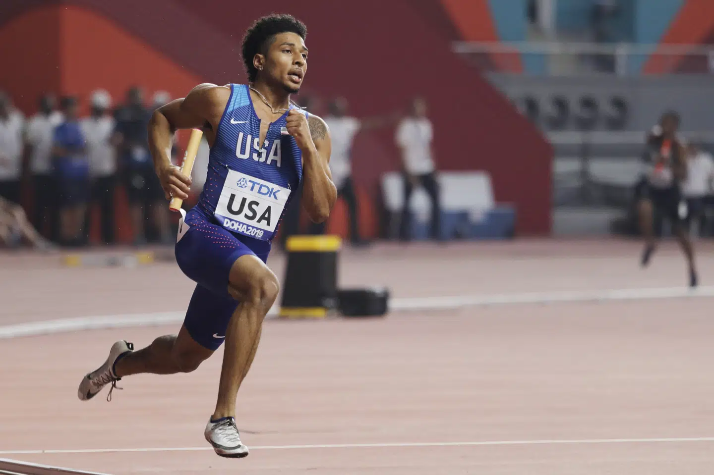 Obi Igbokwe var med i de indledende løb ved 4 x 400 stafetløb for mænd og kvinder ved VM i Doha i 2019. Men han løb ikke med i finalen. (Arkivfoto.) Nariman El-Mofty/Ritzau Scanpix