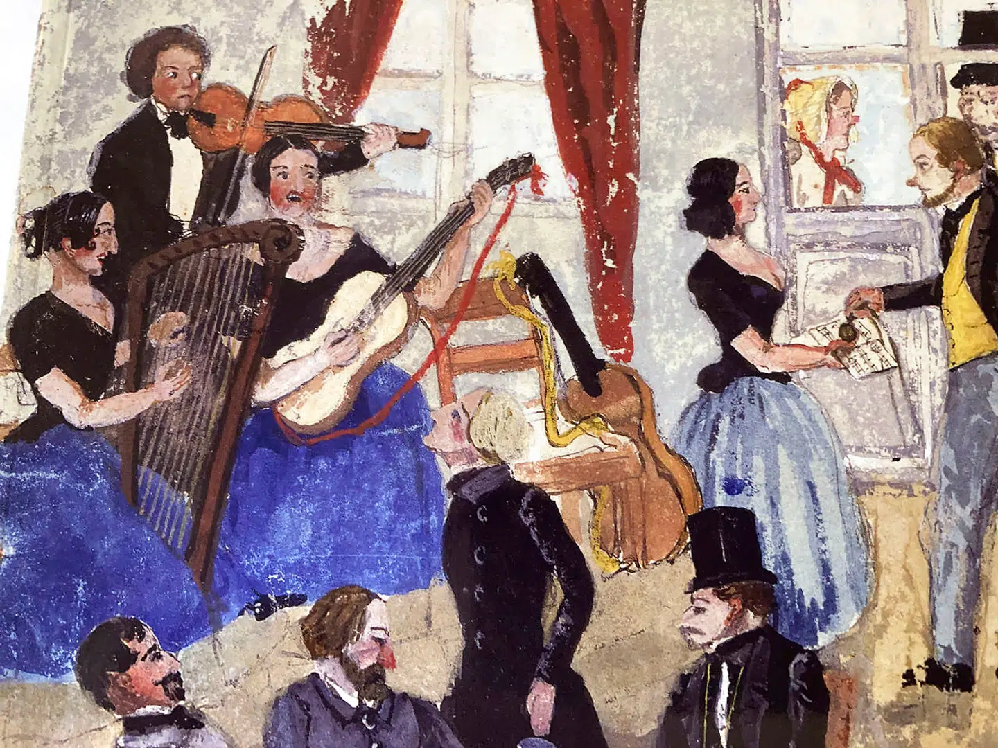 Der er musik i muntert lag i Henriette Pätges værthus i Ulkegade, det nuværende Bremerholm. Hun sidder selv ved harpen, og den unge pige i midten kan meget vel være Johanne Luise eller en af hendes søstre.