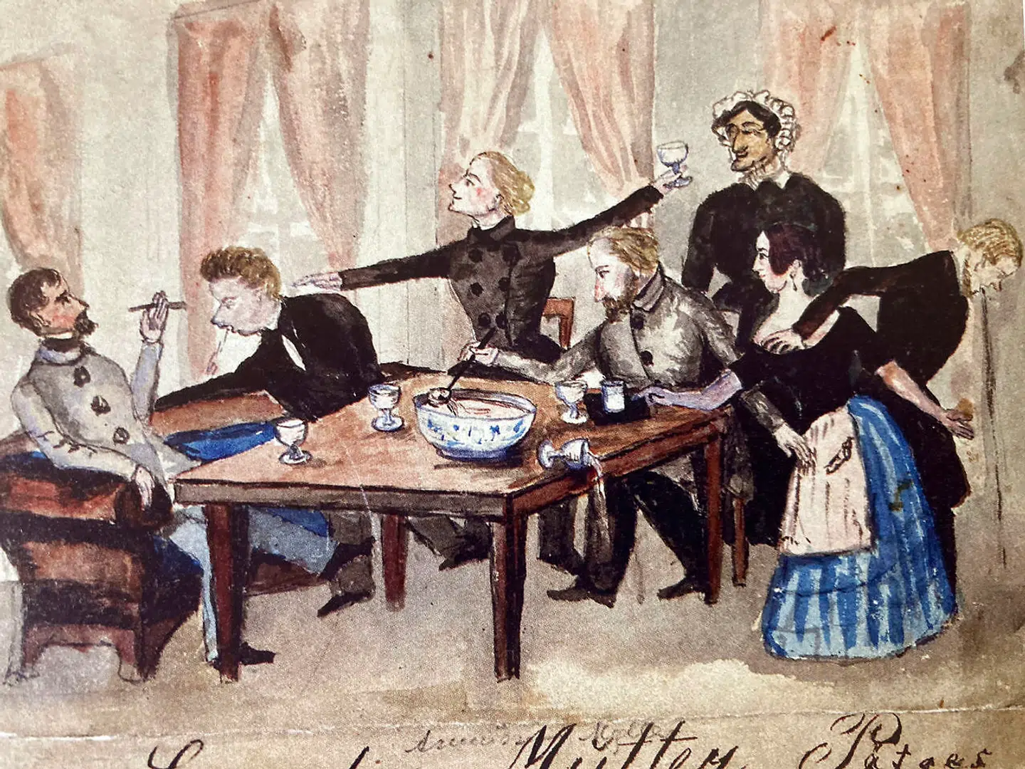 Scene fra Henriette Pätges værtshus. Henriette står selv med kyse, og en af hendes døtre bliver overgramset af en mand.