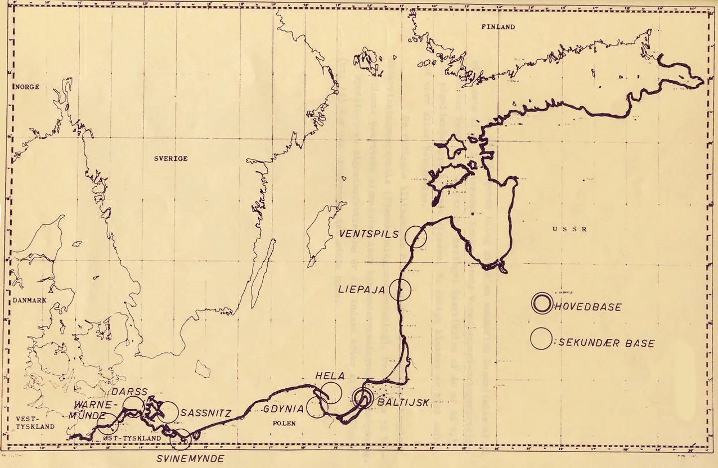 Kort over Østersøen med Warszawapagtens kyststrækning og de vigtigste baser indtegnet.