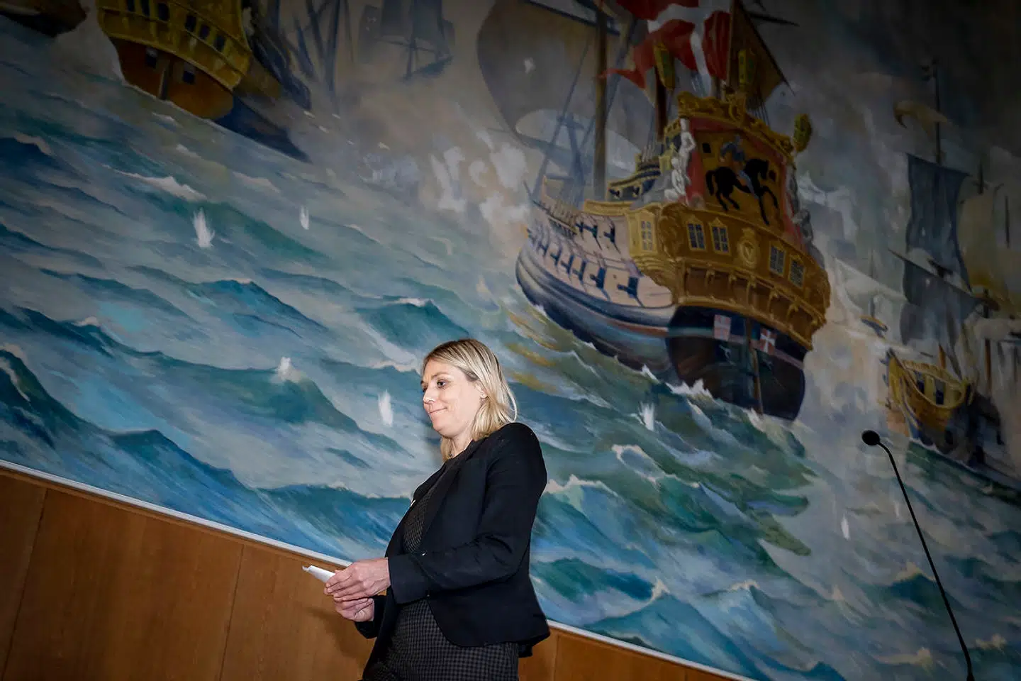 Forsvarsminister Trine Bramsen (S) efter et pressemøde om maritim sikkerhed på Holmen i København 16. marts 2021.