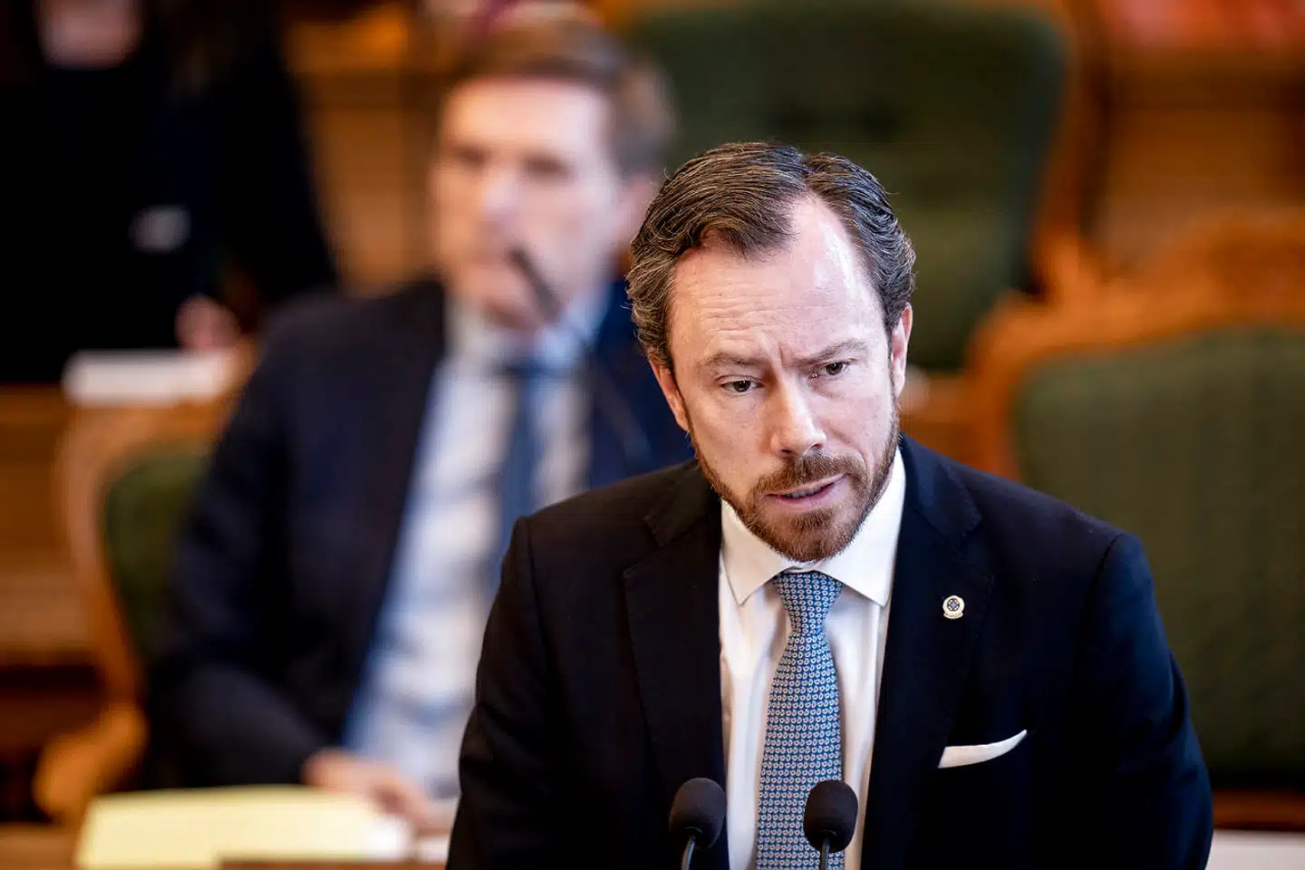 Venstres formand Jakob Ellemann-Jensen og Dansk Folkepartis Kristian Thulesen Dahl under møde i salen med statsministerens spørgetime i Folketinget på Christiansborg, tirsdag den 16. marts 2021.. (Foto: Liselotte Sabroe/Ritzau Scanpix)