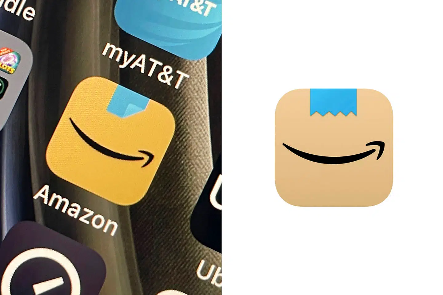 Til højre er ikonet, som fik hård kritik fra Amazons brugere, fordi de synes, at det ligner Hitlers overskæg. Til venstre kan man se, hvad Amazon har ændret designet til.