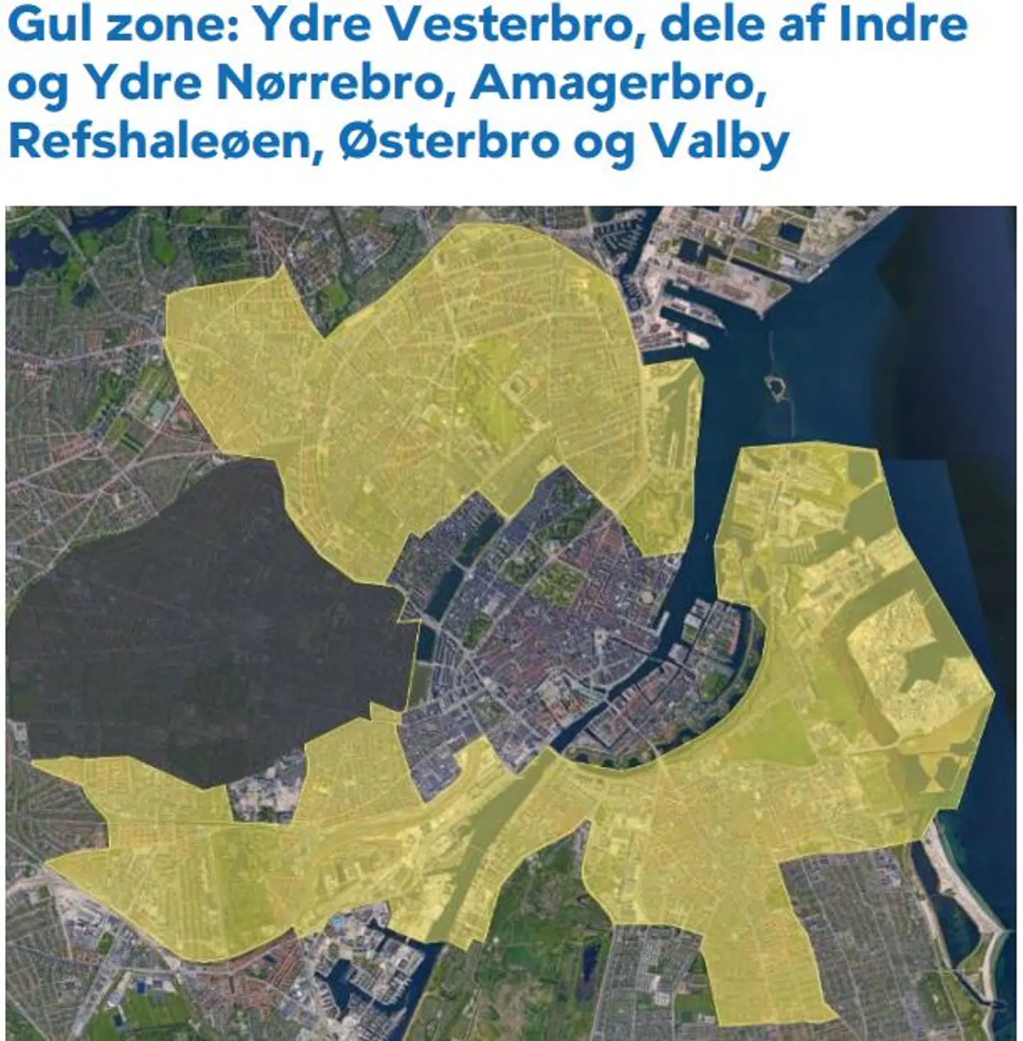 Den gule zone omfatter størstedelen af brokvarterene. Her lægger kommunen op til, at man skal være særligt tilbageholdende med tildeling af nye nattilladelser.