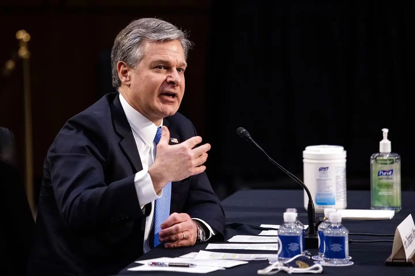 FBIs direktør, Christopher Wray, under tirsdagens høring i Senatet.
