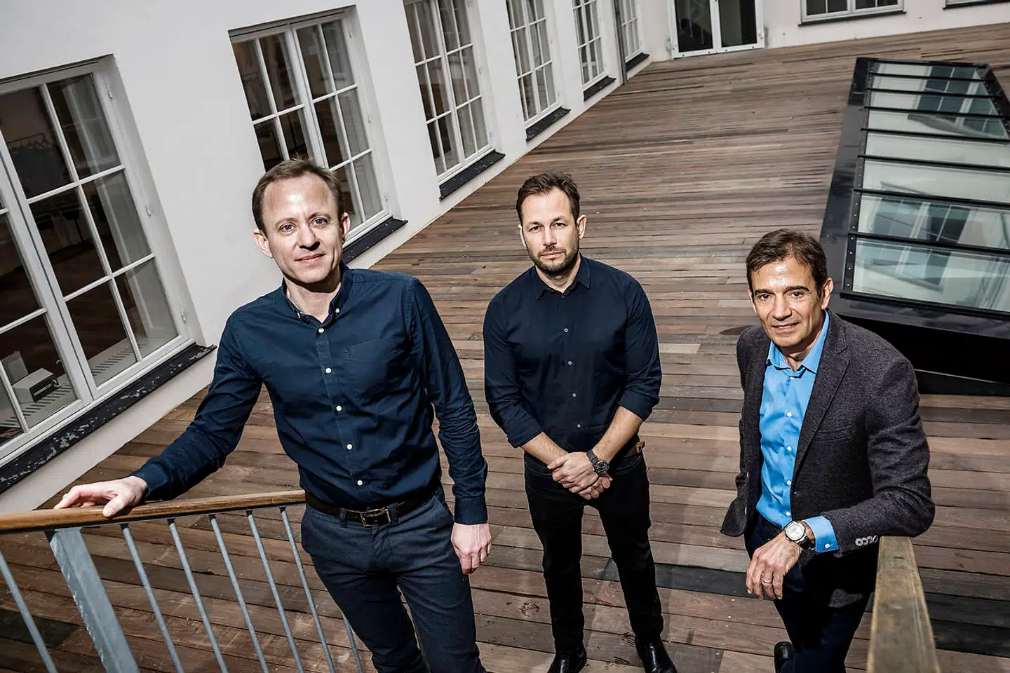 Templafy er strøget ind på Financial Times' vækstliste. Investor Jesper Theill Eriksen (tv.) er adm. direktør, og Preben Damgaard (th.) er bestyrelsesformand. Den tidligere direktør Christian Lund (i midten) er den hovedansvarlige for produktudviklingen. Arkivfoto: Thomas Lekfeldt