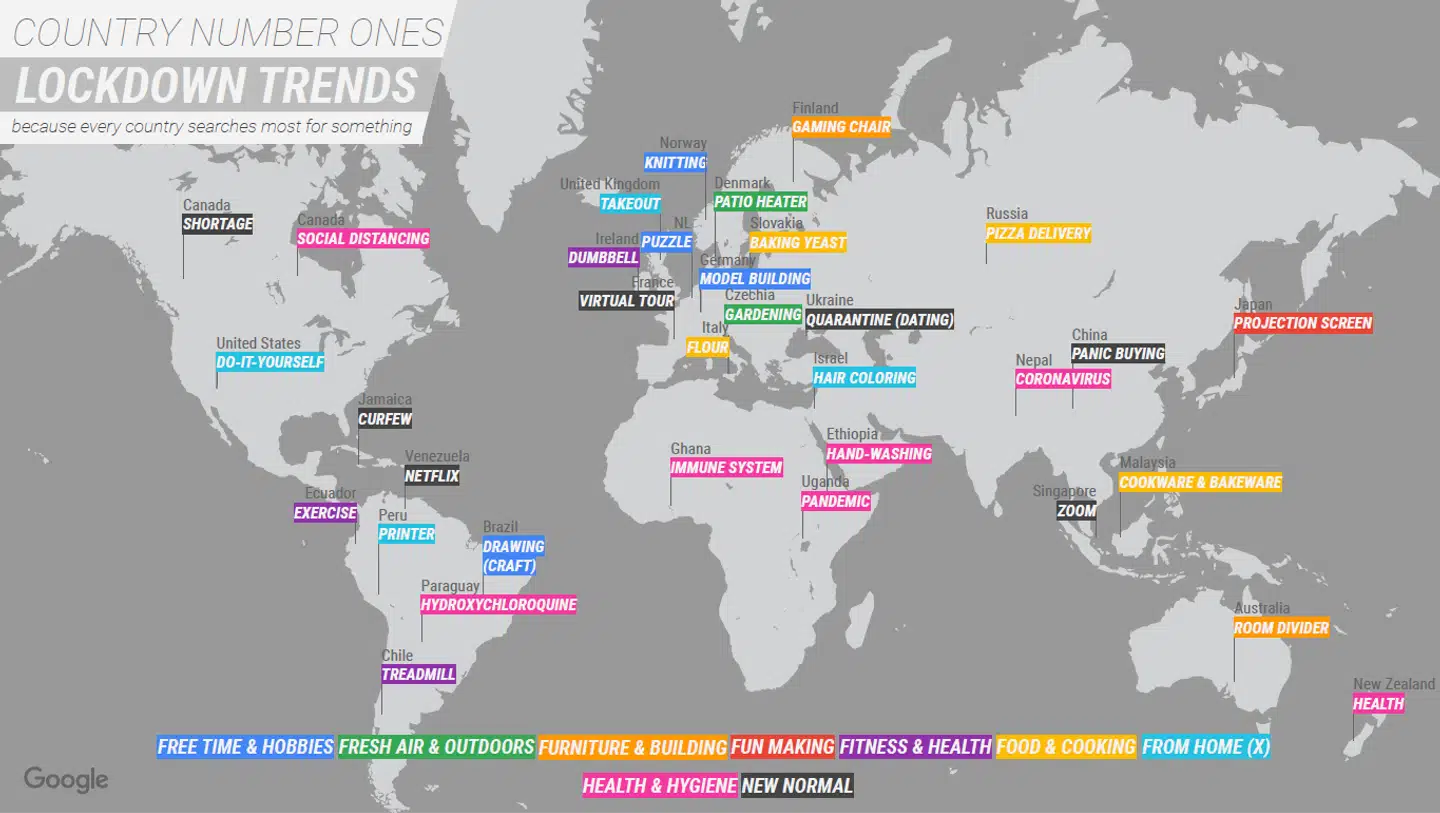 Google har spottet trends i søgninger under lockdown i 2020. Hos de enkelte lande er der fremhævet et eksempel på et ord, som er blevet søgt mest på af det pågældende land, når man sammenligner landene imellem og justerer for indbyggertal.