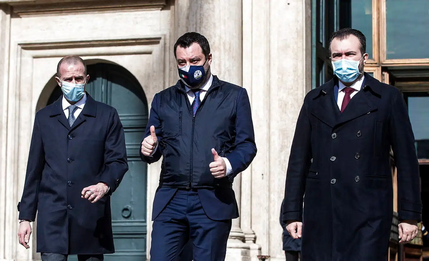 Matteo Salvini forlader Montecitorio-paladset, hvor det italienske parlament har til huse, efter lørdagens møde med Mario Draghi.