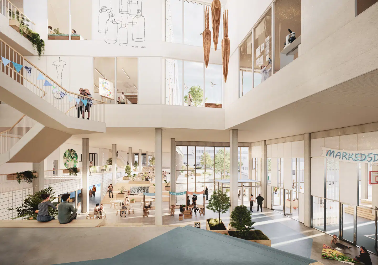 Skolen arbejder tværfagligt, og en del af undervisningen foregår uden for klasselokalet. Her atrium, hvor elever kan mødes.