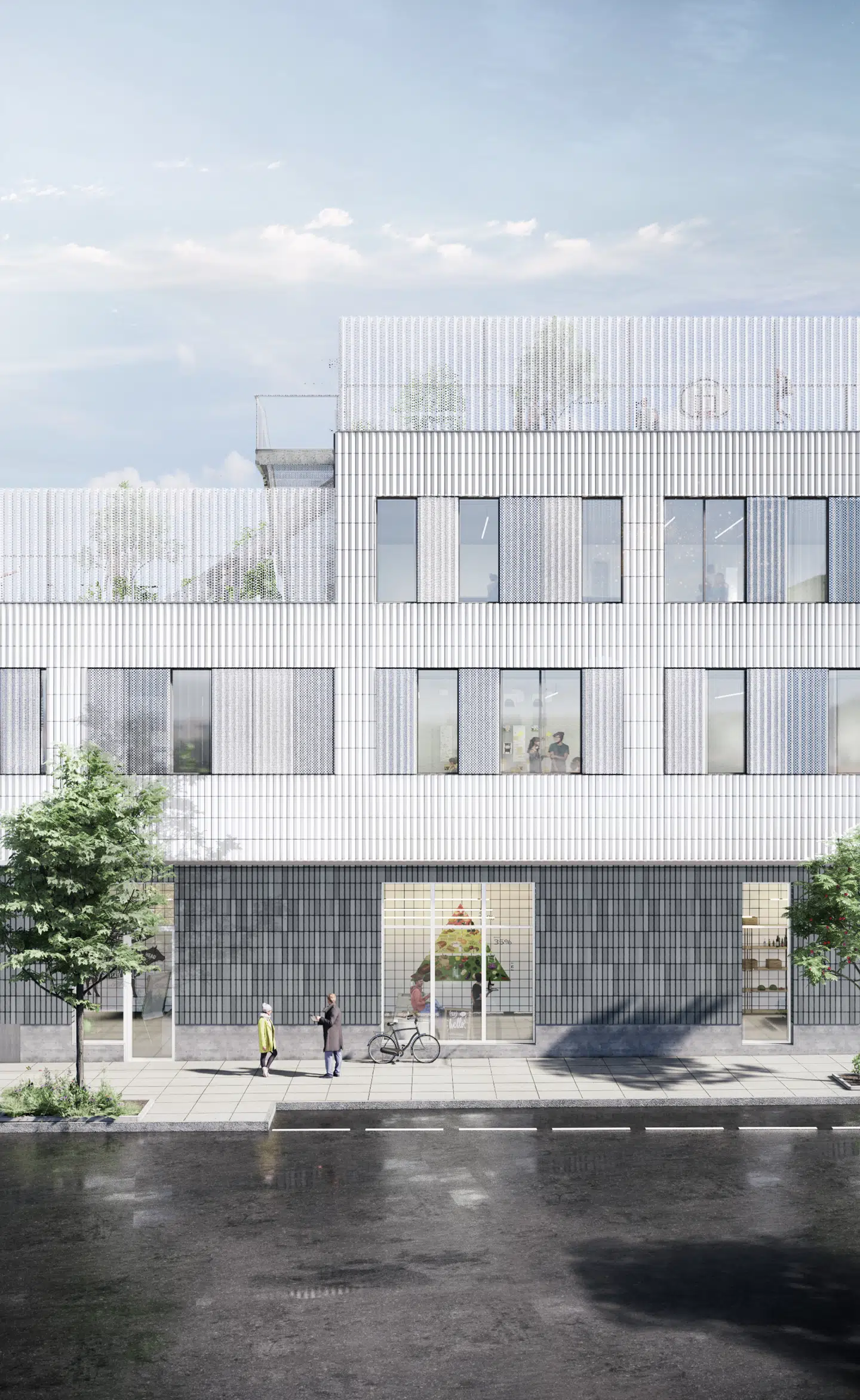 Skolen er tegnet med afsæt i den funktionalistiske arkitektur i Den Hvide Kødby.