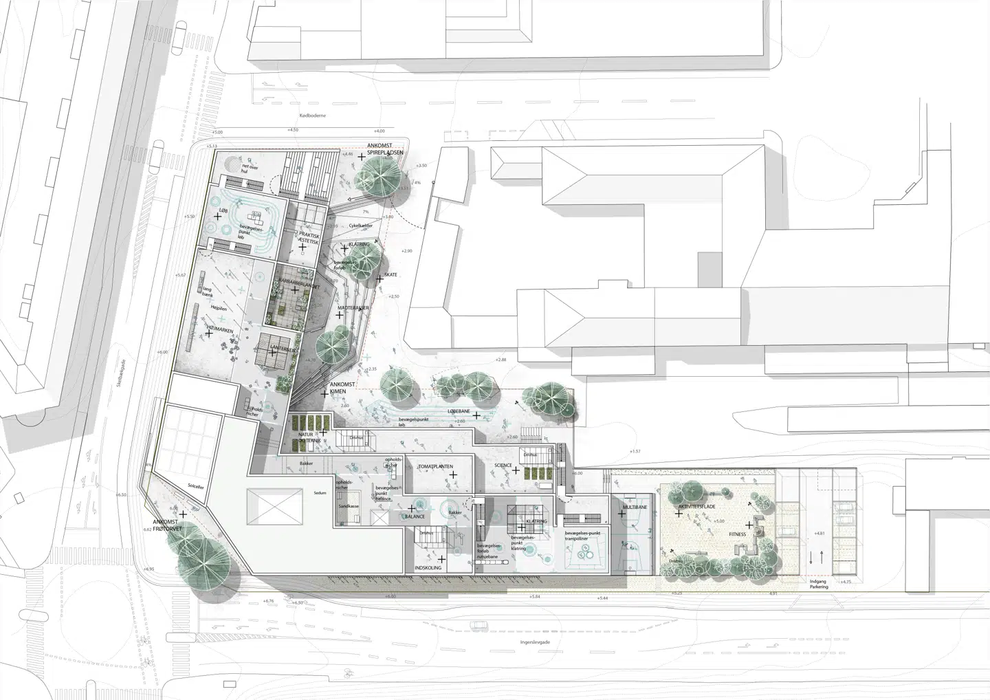 Plan over Kødbyens Skole, som grænser op til Ingerslevsgade og Skelbækgade.