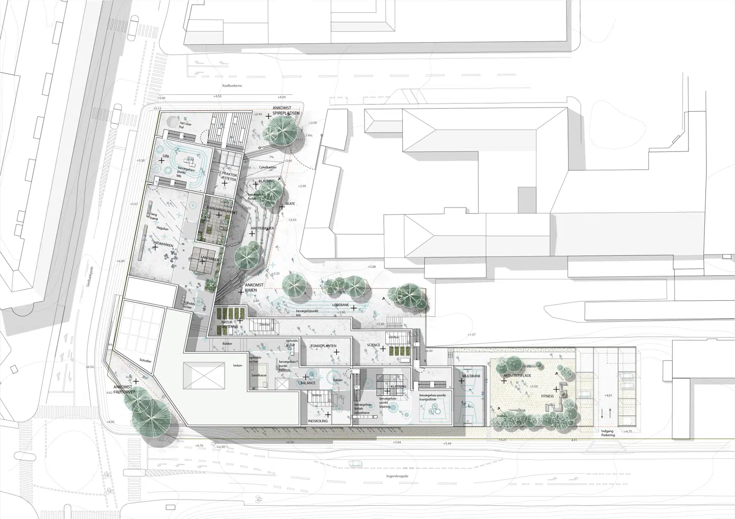 Plan over Kødbyens Skole, som grænser op til Ingerslevsgade og Skelbækgade.