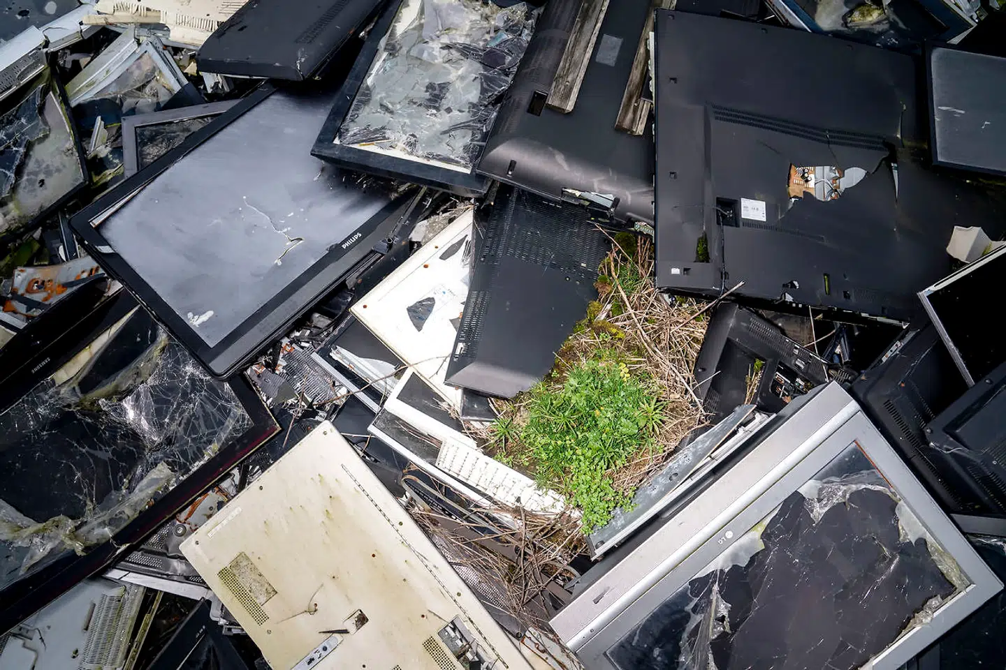 Noget af elektronikken har ligget udenfor så længe, at græsset er begyndt at gro omkring den.