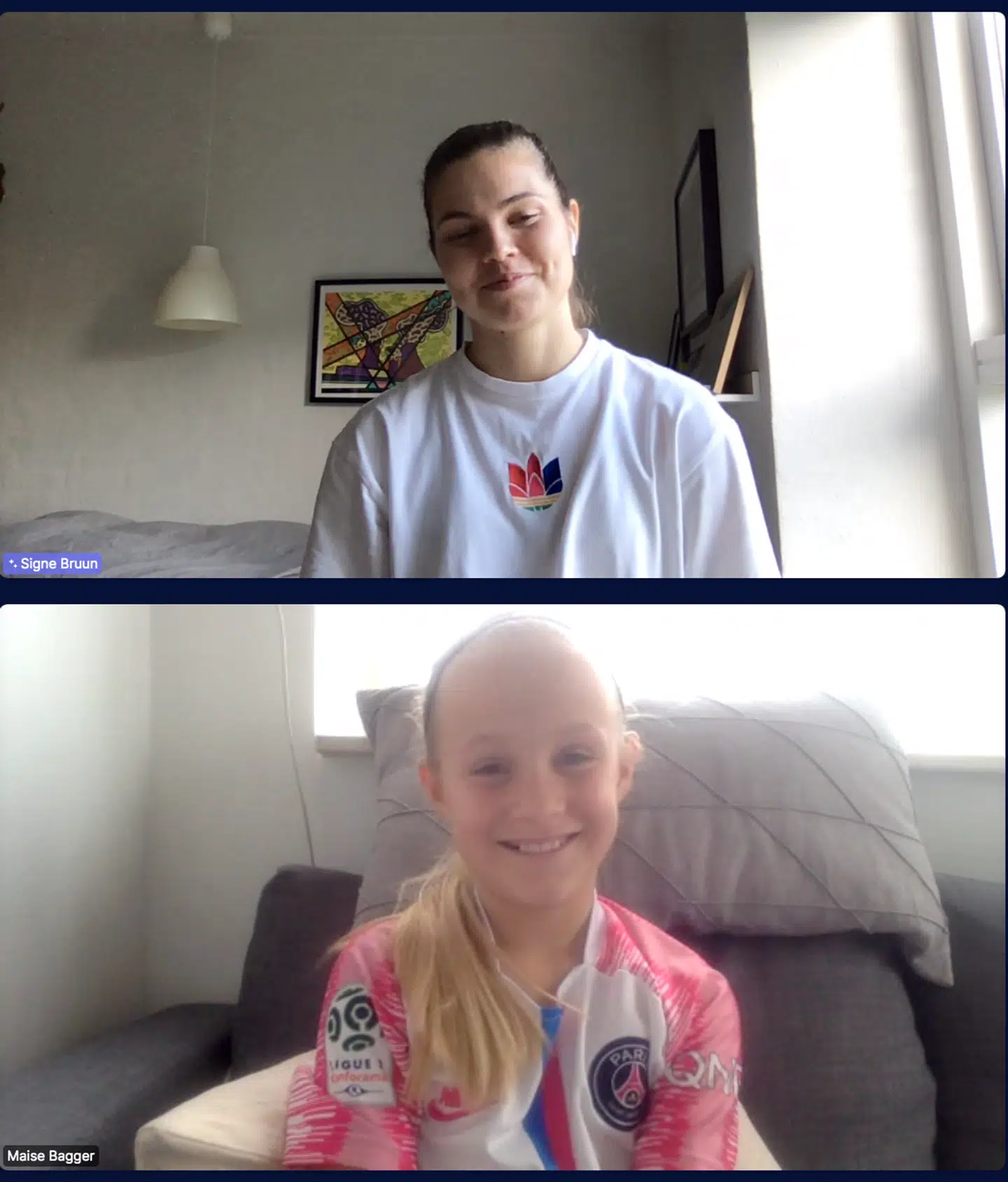 PSG-stjernen og landsholdsspilleren Signe Bruun mødes her digitalt med en ung fodboldspiller på InchByInchs platform.