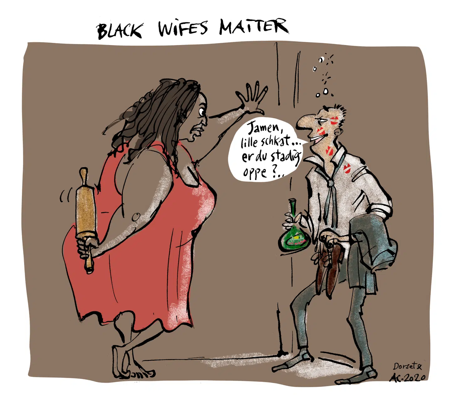 Annette Carlsen om sin tegning af Bwalya Sørensen: »Jeg tegner ikke så karikeret, men tager udgangspunkt i, hvordan folk ser ud.« Tegningen blev bragt i seneste udgave af satiremagasinet Svikmøllen.