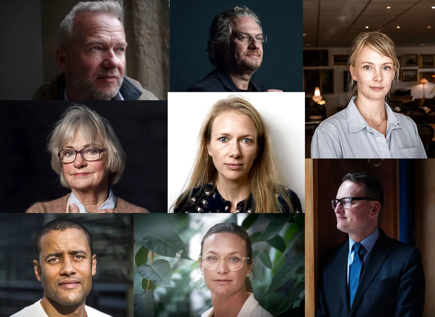 De indstillede til Berlingskes Fonsmark-pris: Lars Tvede (øverst tv), Henrik Dahl (øverst midtfor), May Bjerre Eiby (øverst th), Pia Kjærsgaard (midtfor tv), Marie Høgh (midten), Jakob Mchangama (nederst tv), Merete Riisager (nederst midtfor) og Nikolaj Bøgh (nederst th).