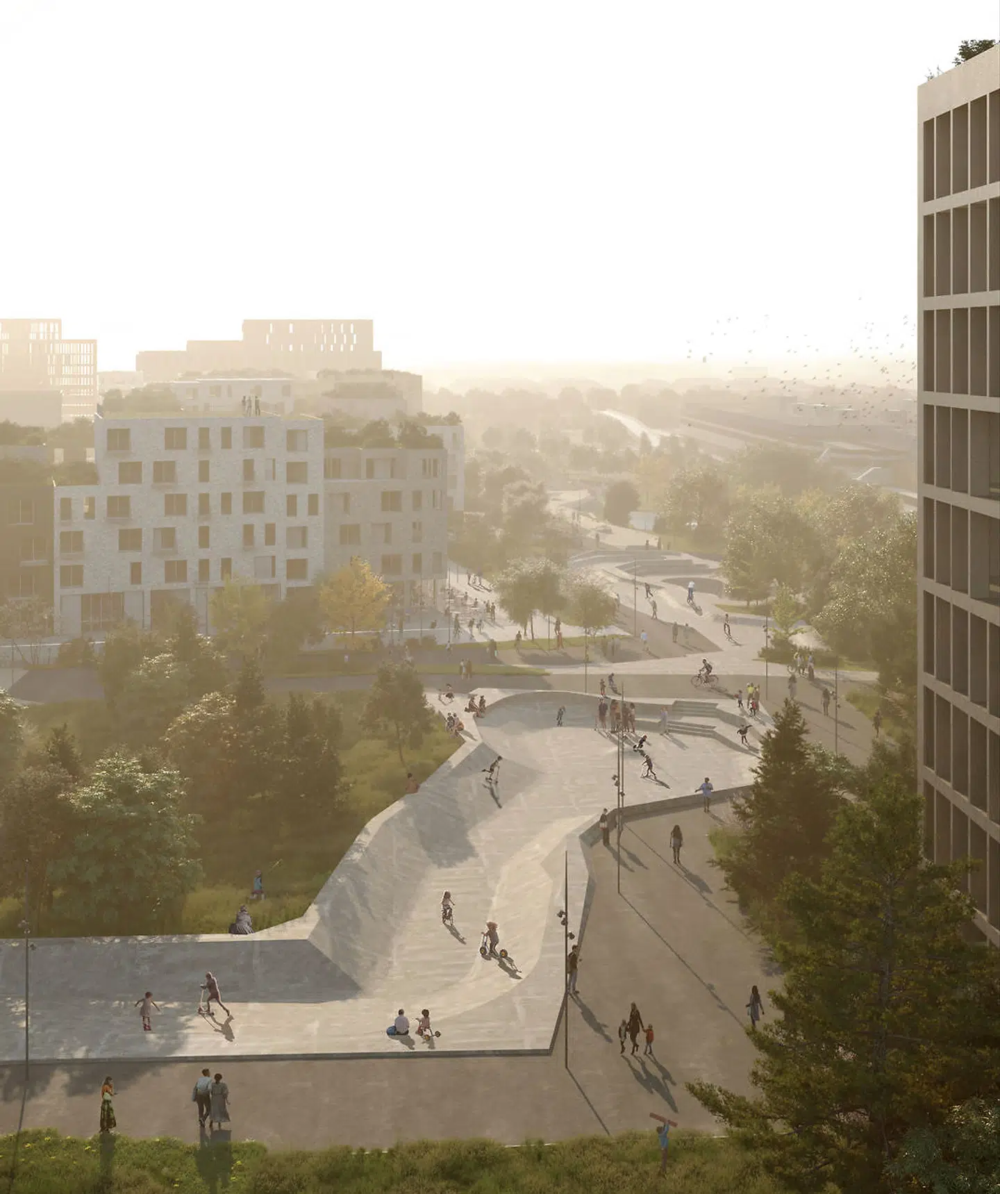 Verdens længste skatebane skærer gennem bydelens parkstrøg, hvor der skal være noget for alle generationer. Rendering: Cobe