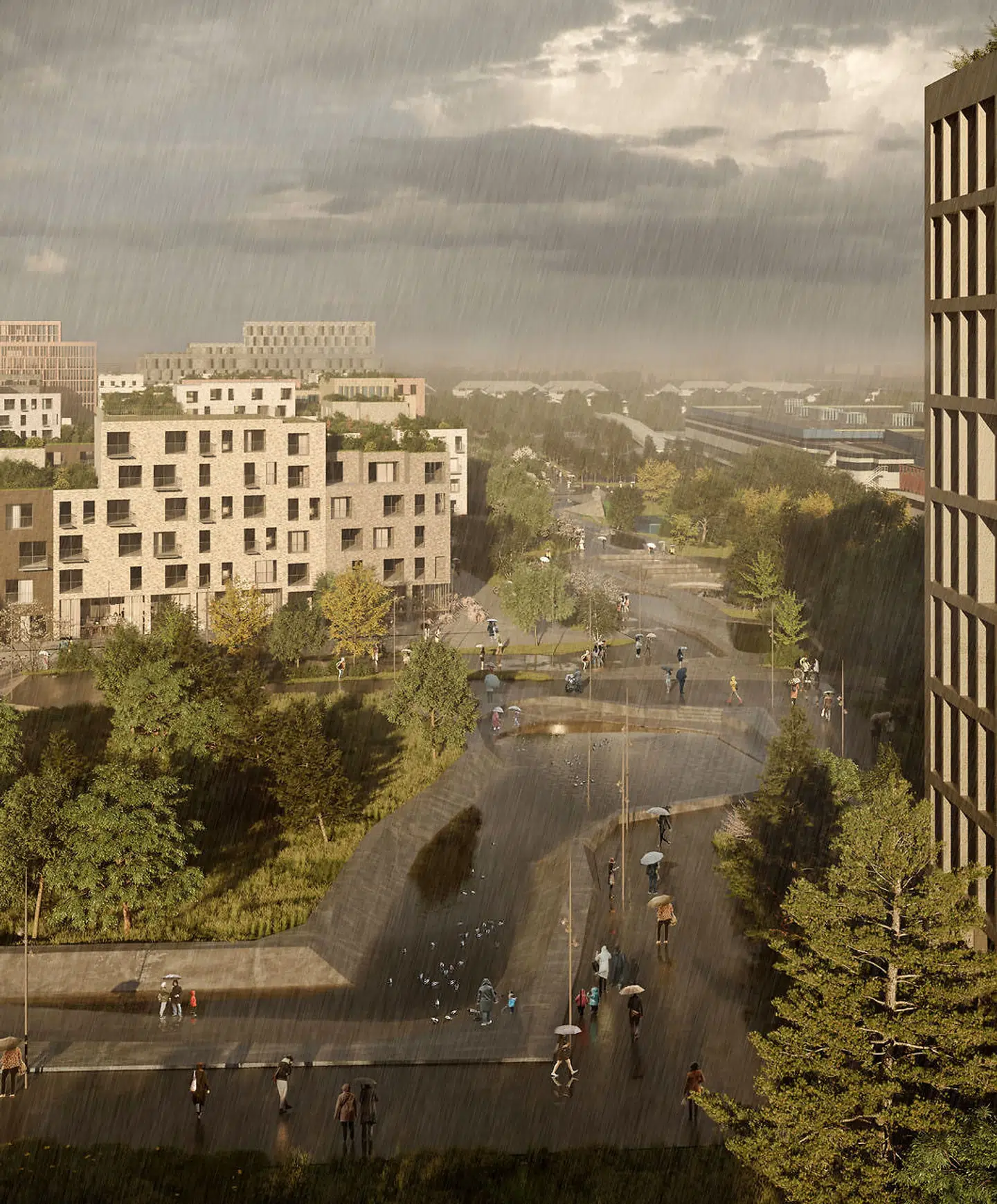 Når det regner, opfanger renderne vandet. Resten af tiden fungerer de som skatebane. Rendering: Cobe