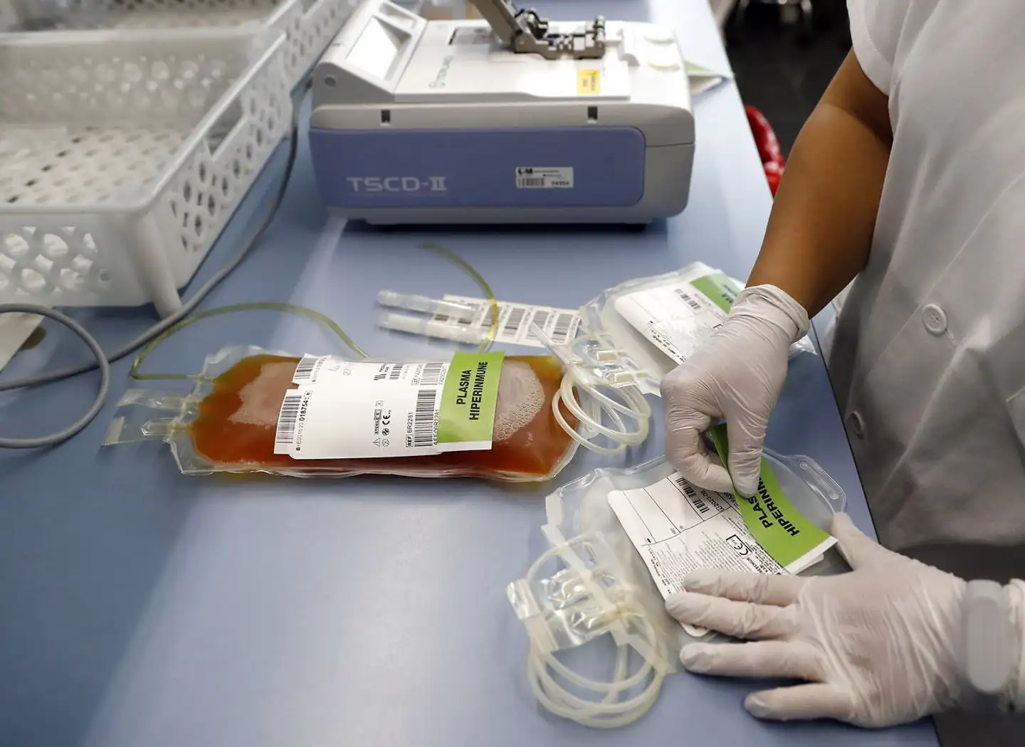 Blodplasma gøres klar til brug på et transfusionscenter i Madrid. En ny argentinsk undersøgelse viser, at antistoffer fra raskmeldte covid-patienter udgør en effektiv behandling, hvis den gives tidligt i sygdomsforløbet.