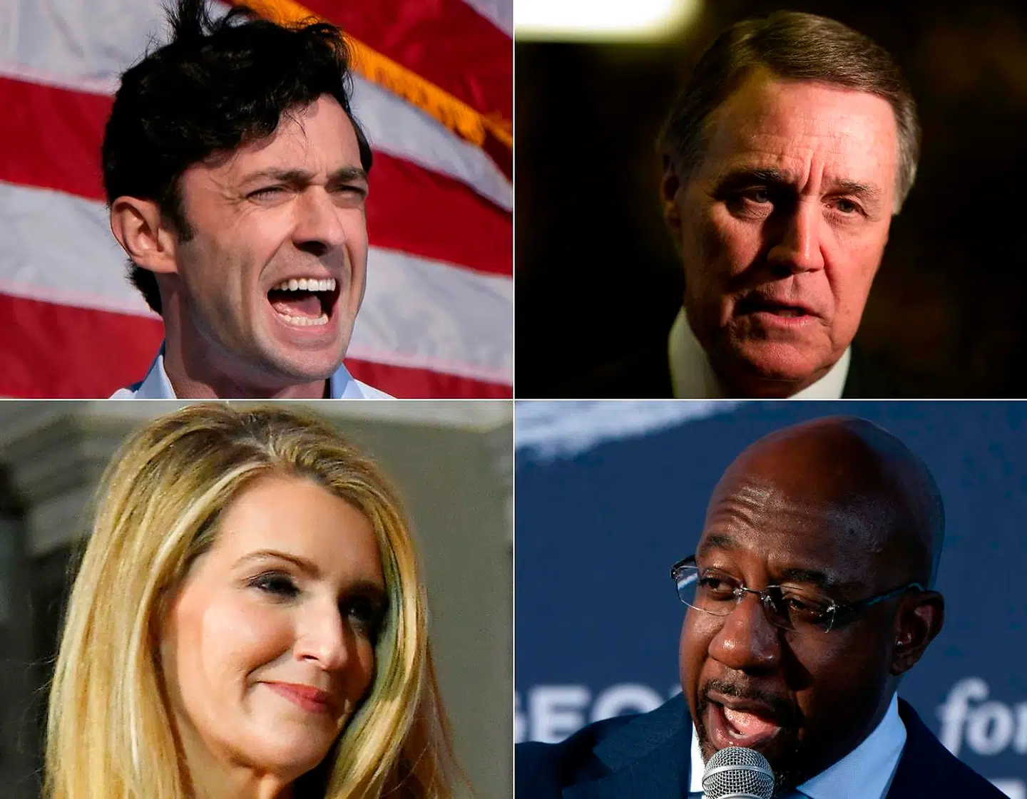 Tirsdag løber to nervepirrende og skæbnesvangre valg af stablen i delstaten Georgia. Det ene skal stå mellem demokraten Jon Ossoff (øverst til venstre) og den siddende republikanske senator, David Perdue (øverst til højre). Det andet er mellem republikanske Kelly Loeffler (nederst til venstre) og demokraten og prædikanten Raphael Warnock.