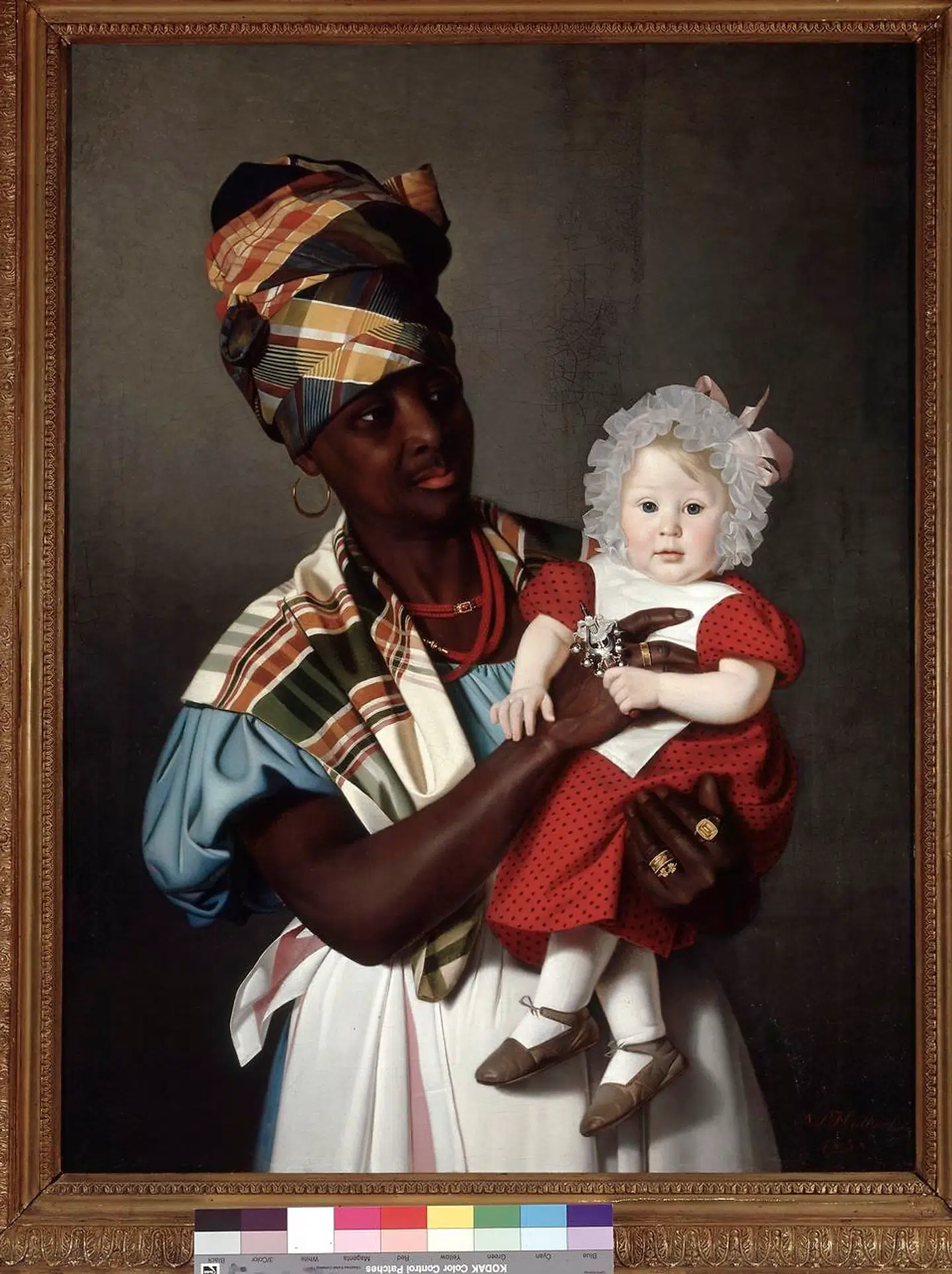 Neky og lille Marie, København 1838. Et sjældent portræt af en navngiven sort barnepige. Marie var kunstneren N.P. Holbechs ældste datter. Neky tjente hos Holbechs ven, søofficer Dahlerup, der tidligere havde gjort tjeneste i Dansk Vestindien. Vi ved ikke andet om Neky, end at hun var opvokset på øerne.