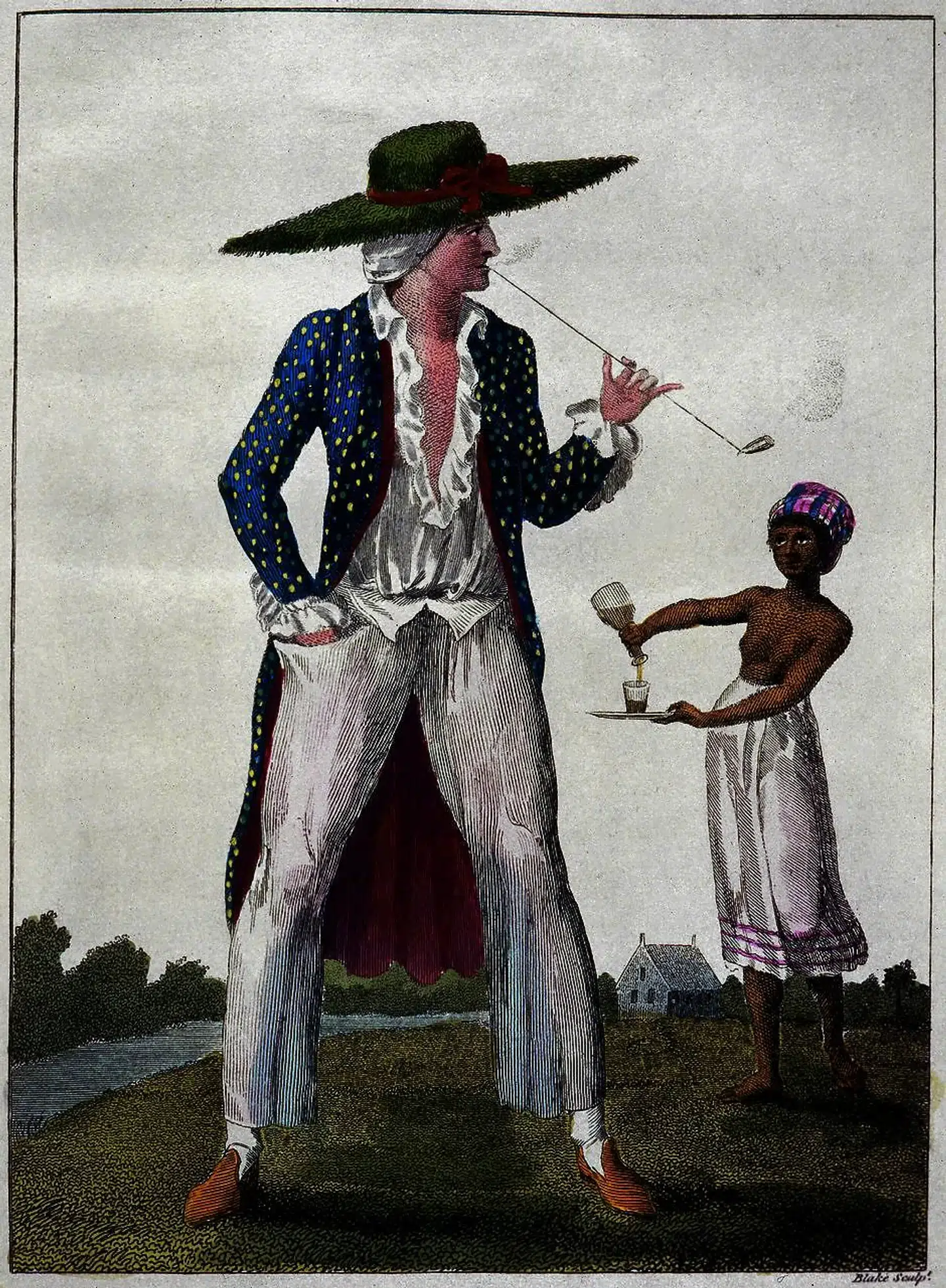 Illustration fra 1667 fra Sydamerika, der viser en plantageejer og en sort slave.