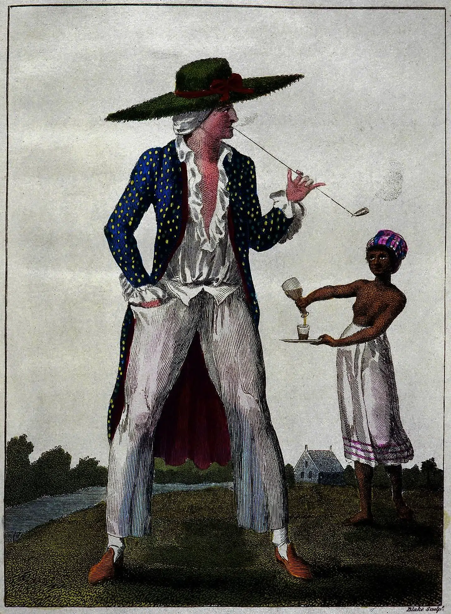 Illustration fra 1667 fra Sydamerika, der viser en plantageejer og en sort slave.
