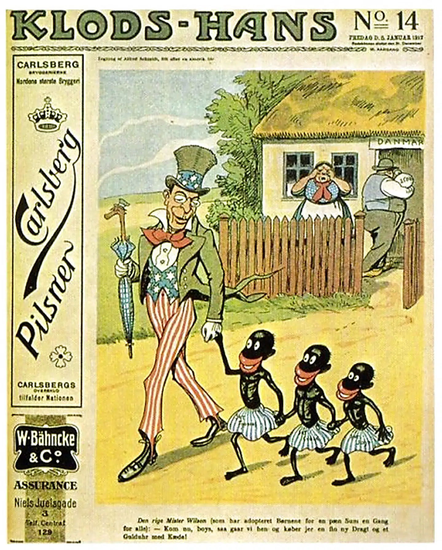 I danske satiriske blade var sorte og farvede som regel tegnet med store læber og primitivt udseende. Men andre etniske grupper var ligeledes karikeret.