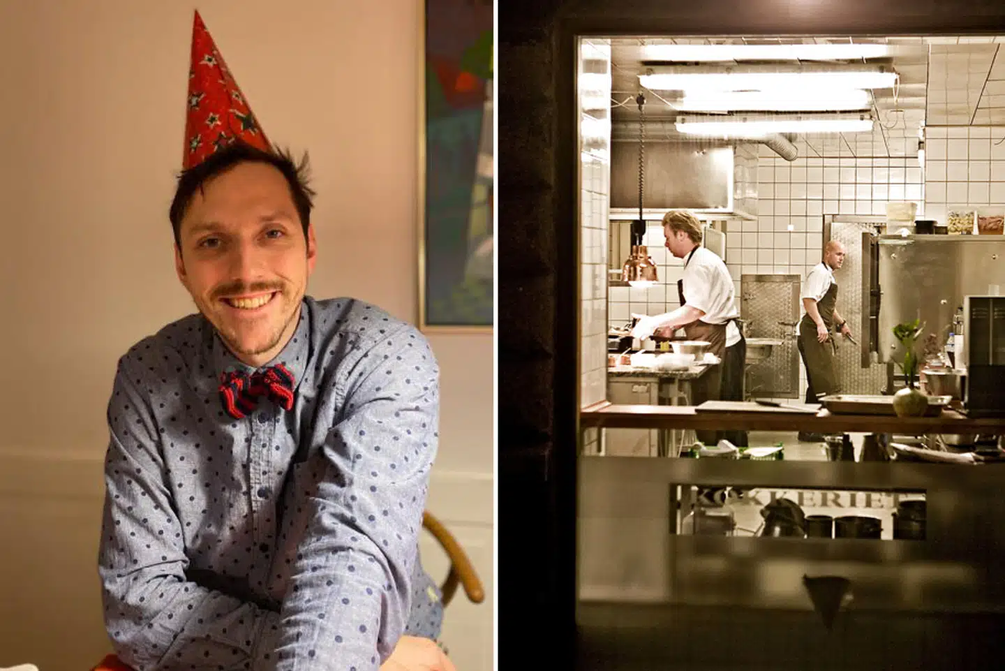 (Arkivfoto) Michelinrestauranten Kokkeriet (th.) er i modvind, efter at de har solgt mindst 7.000 kuverter af deres nytårsmenu, så folk stod i kø i mange timer nytårsaftensdag. Rune Hasselager (tv.) fik som en af de sidste udleveret sin mad klokken et.