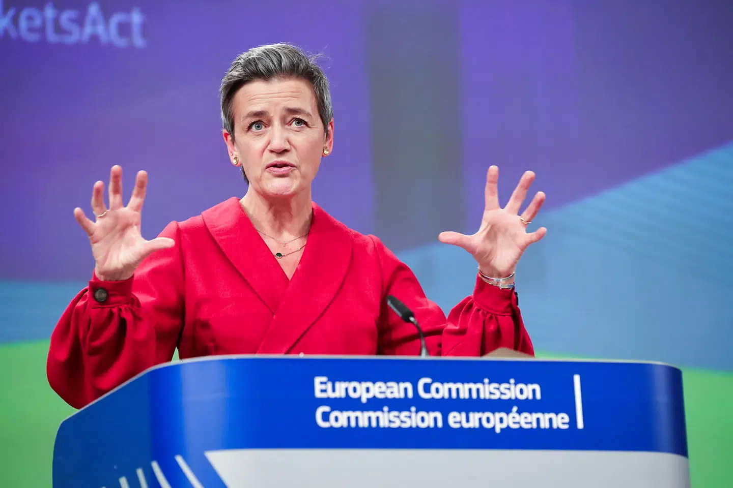 Margrethe Vestager, European Commissioner for A Europe Fit for the Digital Age, speaks at a news conference on the Digital Services and Digital Markets Acts at the European Commission headquarters in Brussels, Belgium December 15, 2020. Olivier Matthys/Pool via REUTERS