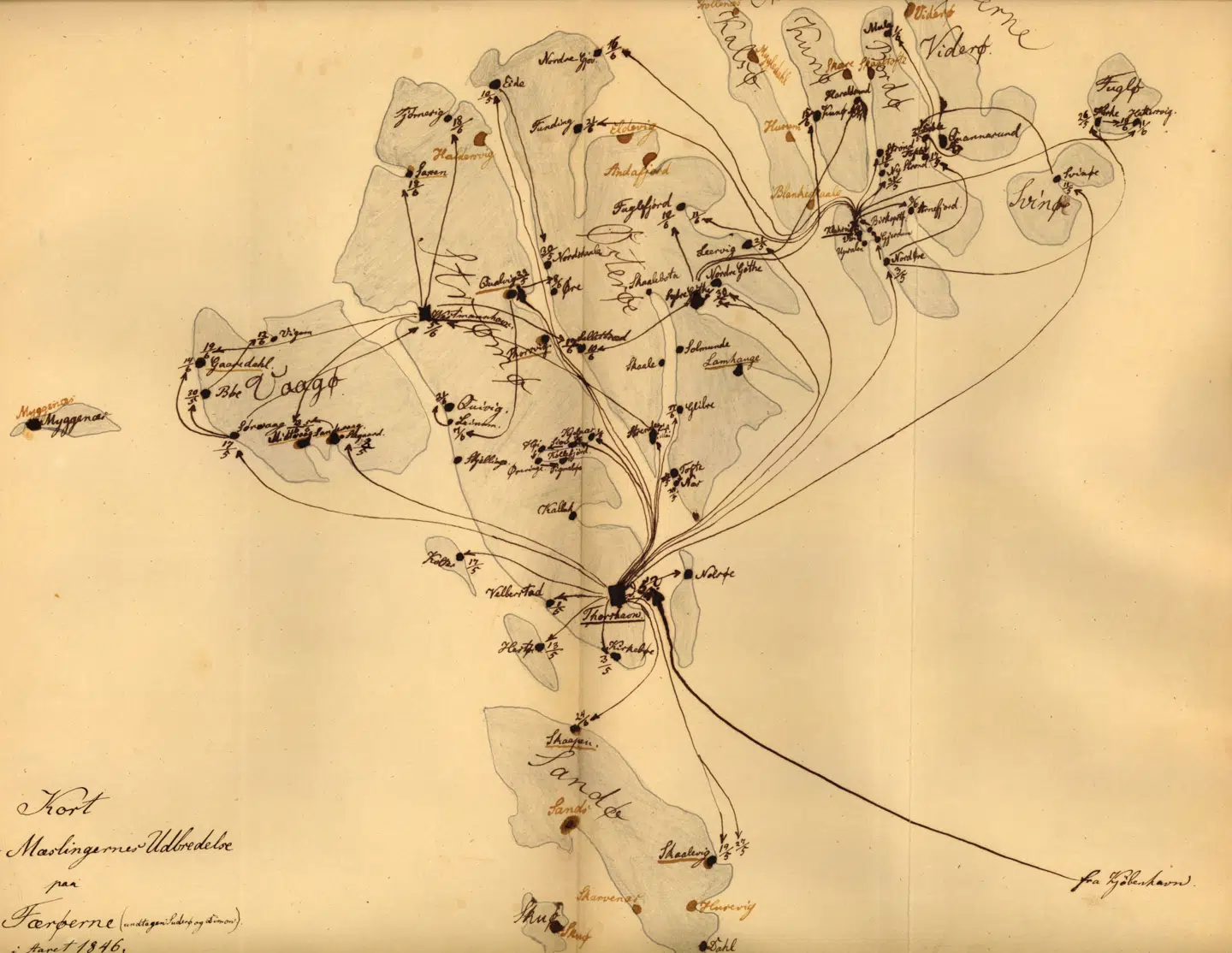 Peter Panums eget kort over mæslingernes spredning på Færøerne i 1846. Kortet indgik som bilag til hans rapport til Sundhedskollegiet.