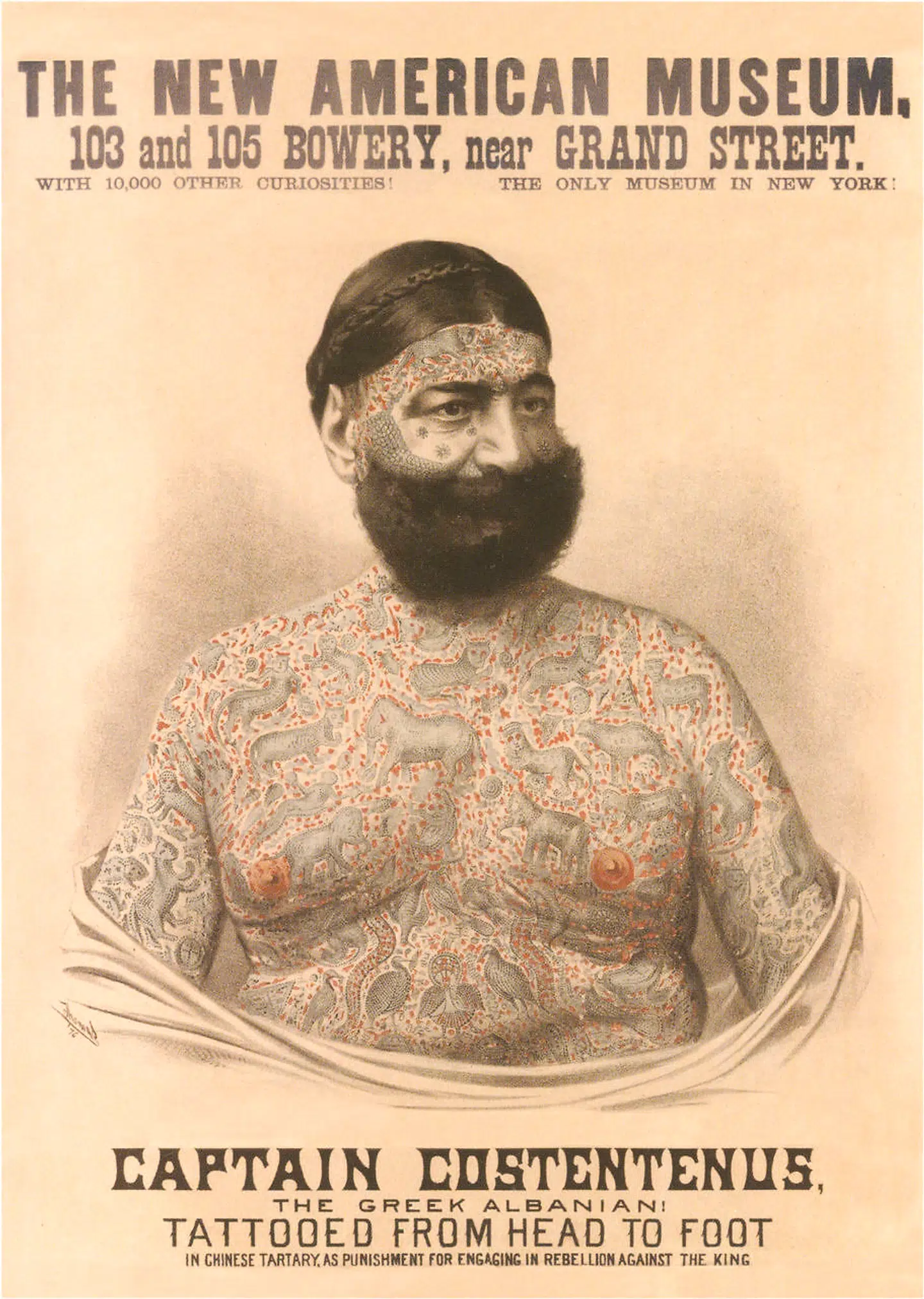 George Costentenus rejste rundt i verden og fremviste sine tatoveringer med vilde dyr. Han var en stor sensation i både USA og Europa, og Peter Ludvig Panum skrev om ham i Illustreret Tidende.