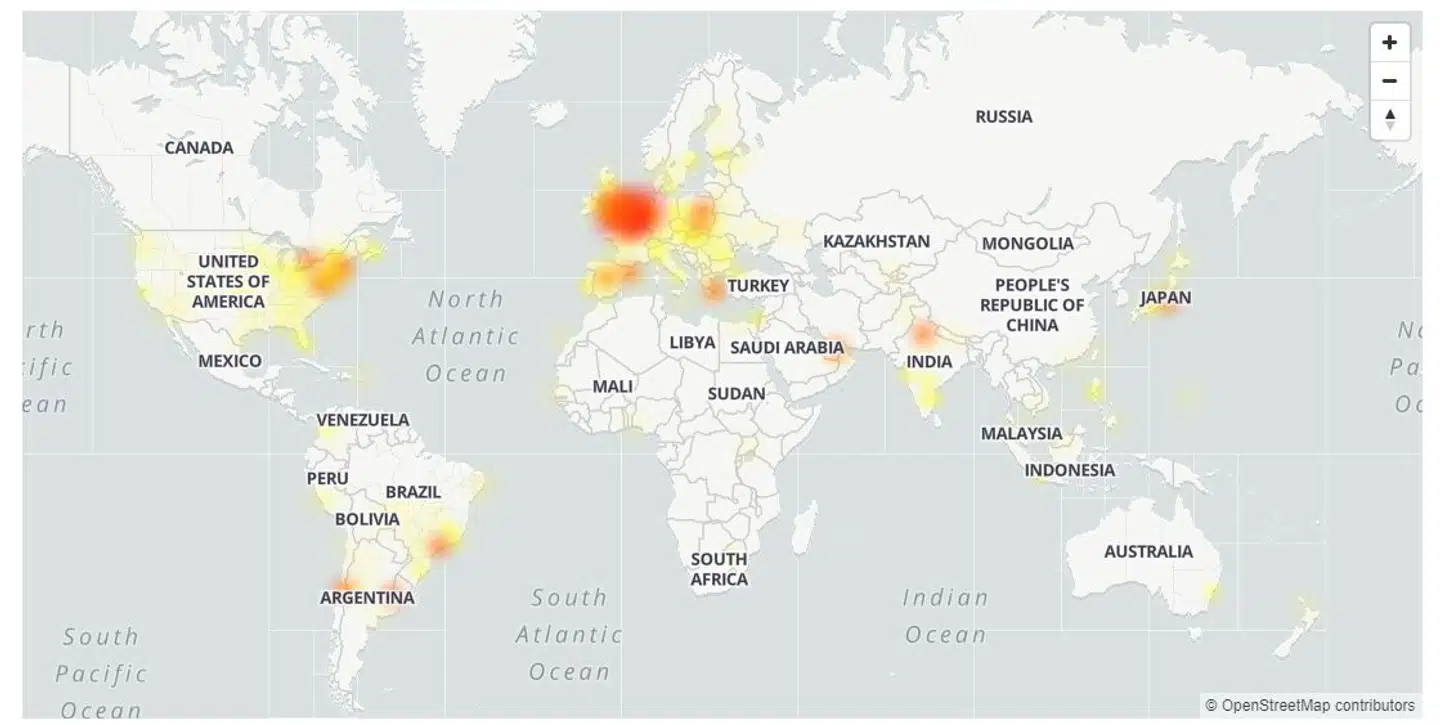 Så bredt har Google-nedbruddet ramt verden over. Kortet, som er fra omkring klokken 13.30 mandag, viser indrapporteringer fra brugerne til Downdetector, som holder øje med, om de store internettjenester fungerer.