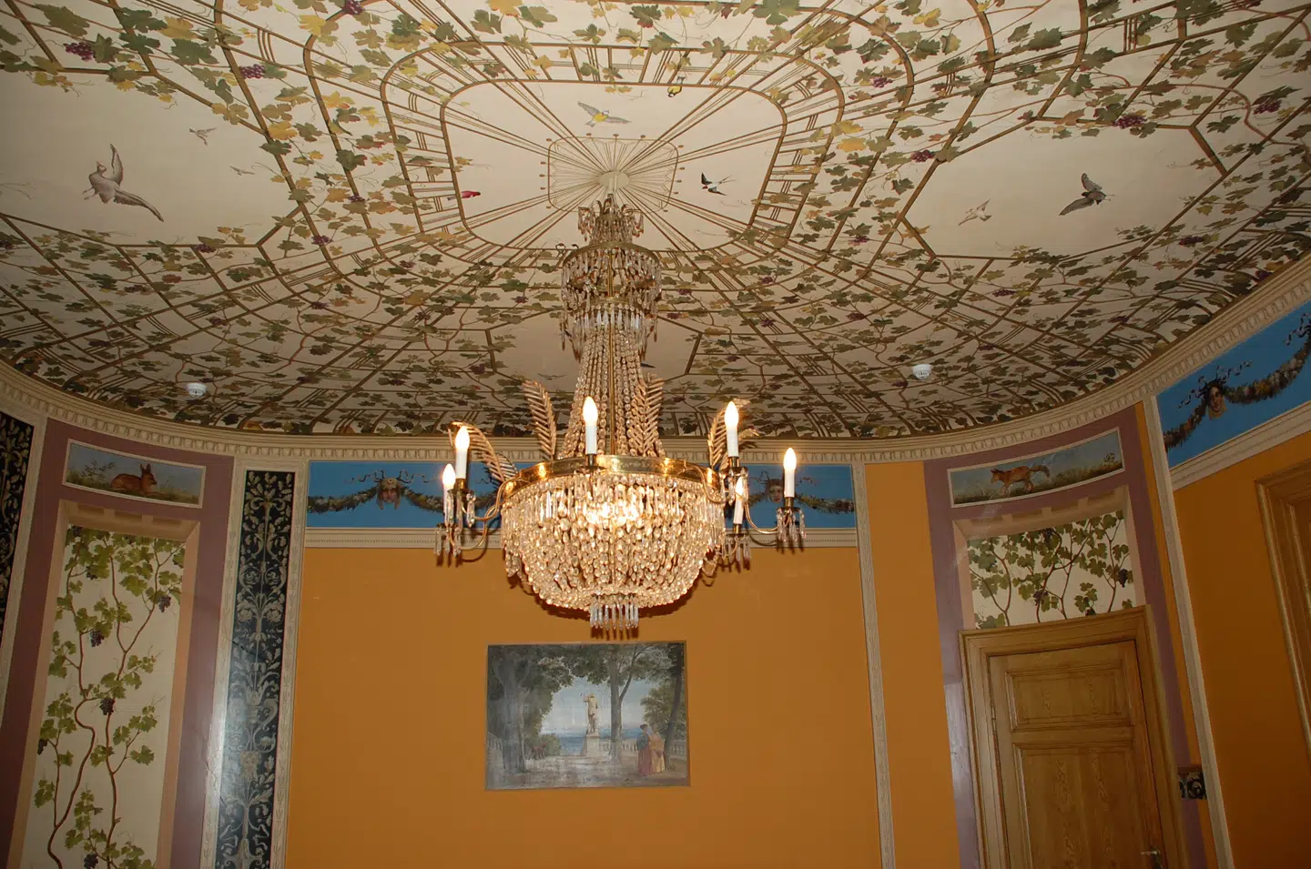 Det rigt dekoreret loft i lejligheden, hvor Grevinden havde sin vinterbolig. På bagvæggen anes P.C. Skovgaards maleri af to kvinder i italienske omgivelser. Foto: dansk Arbejdsgiverforening/Jens Lindhe.