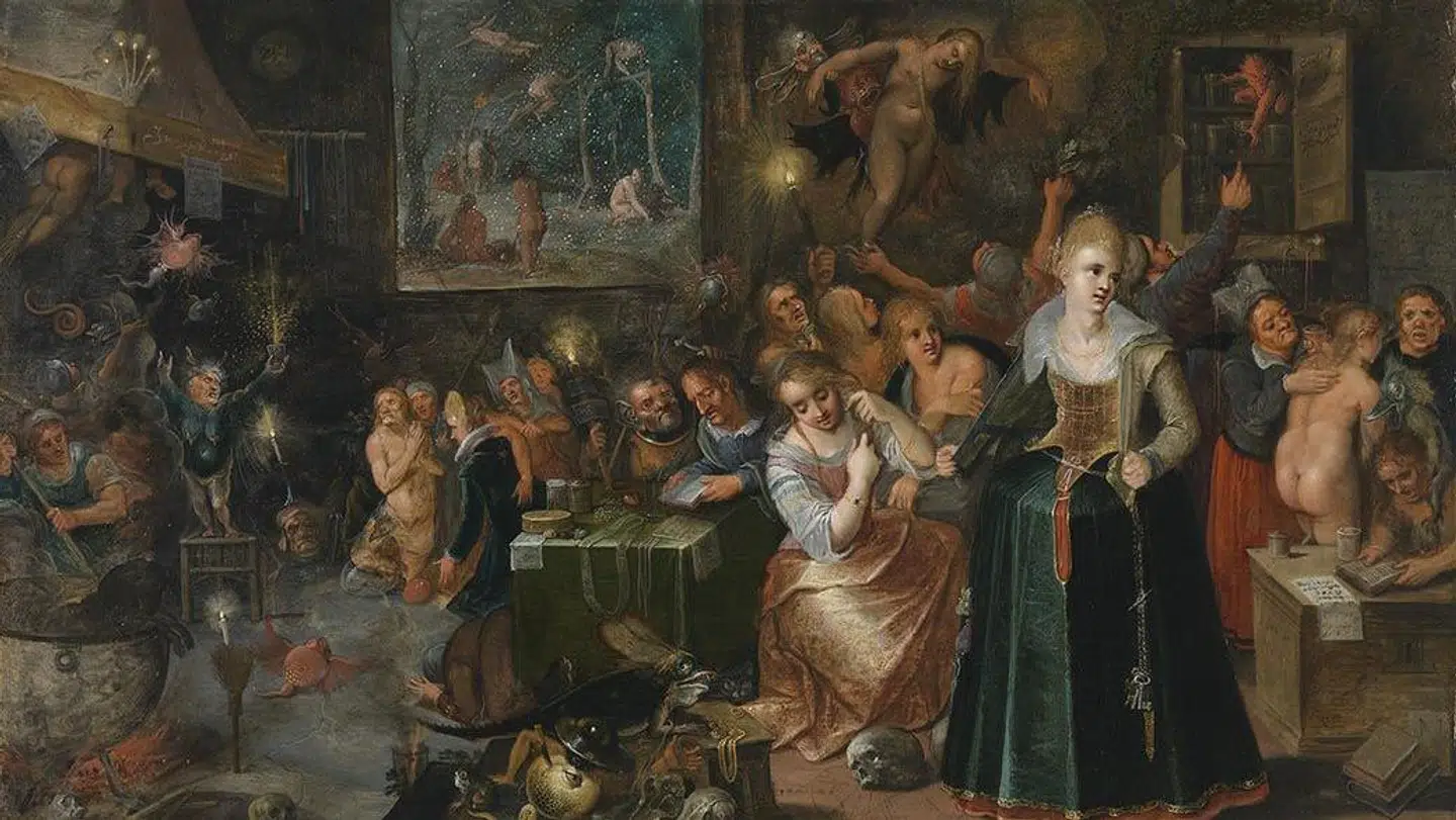 I Frans Franckens (1581-1642) maleri »Heksesabbat« fra 1610 ser man hekse flyve. På gulvet ligger kranier og dyr. Djævlen har horn og bryster og står på en taburet til venstre. Illustration fra heksemuseet HEX!.