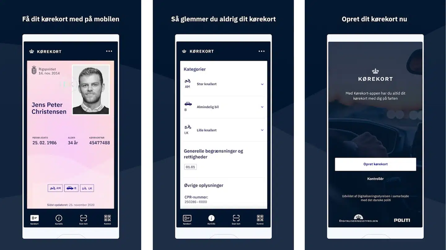 Sådan ender det digitale kørekort med at se ud (til venstre), når man installerer det på sin smartphone – hvis man kan. Så kan man efterlade det fysiske kort derhjemme uden problemer, forudsat at man altid har strøm på telefonen, når nogen vil se kørekortet.