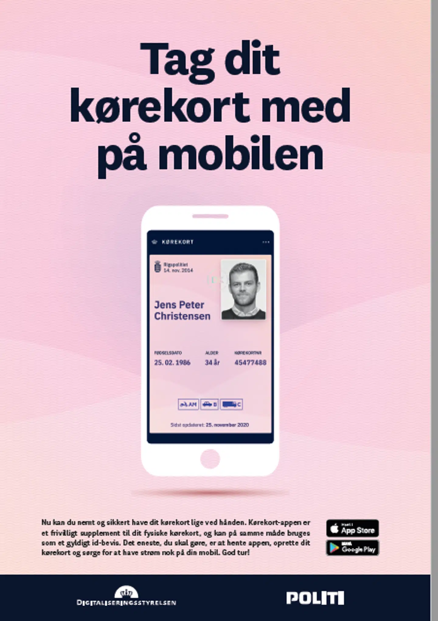 Sådan ser kørekortet ud i den nye app, viser disse annoncer, som Digitaliseringsstyrelsen og politiet nu kommer ud med.