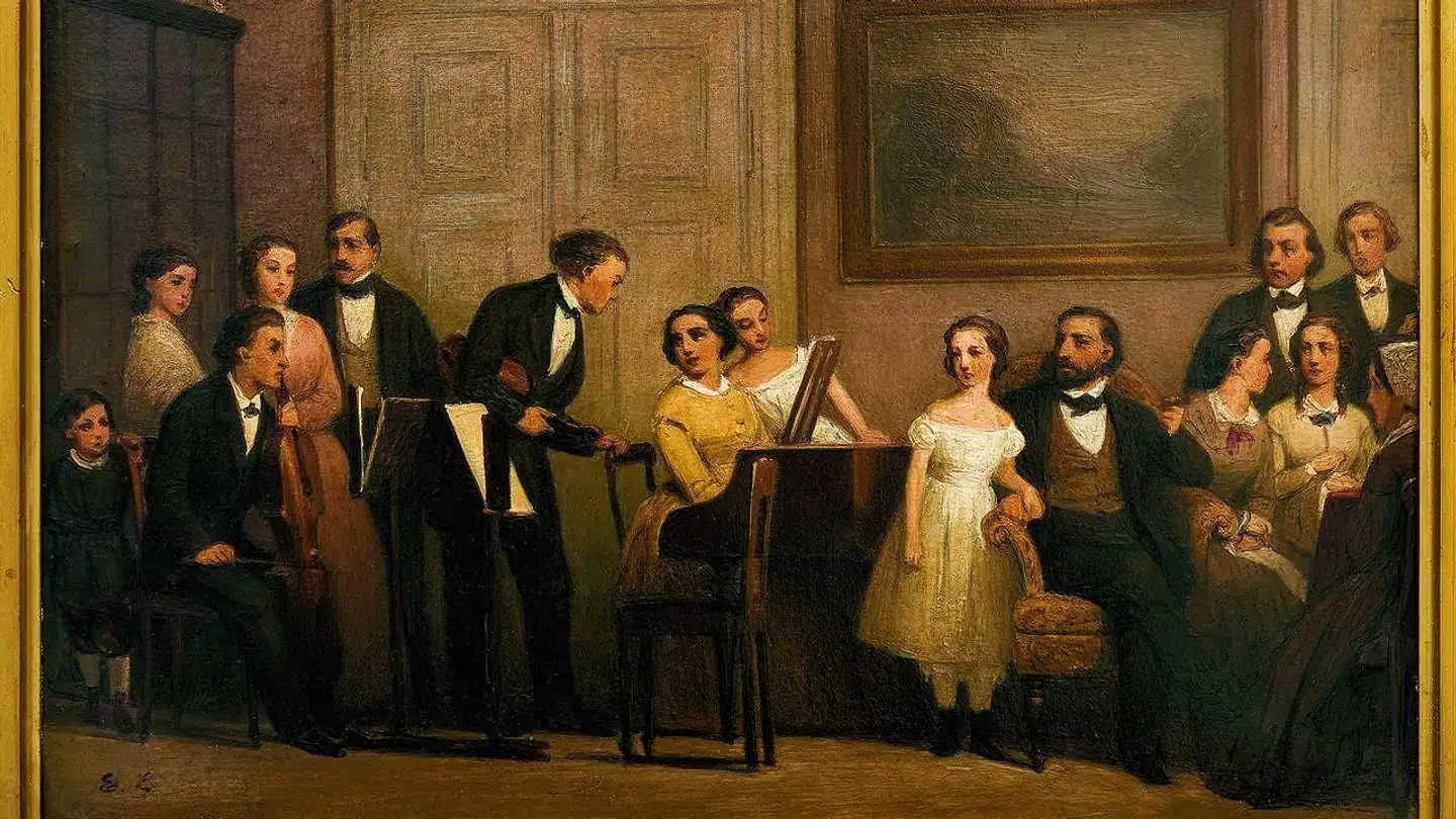 Edvard Lehmann: »En musikaften hos vekselmægler Henriques«, 1868. Ved flyglet ses Therese Henriques og hendes ældste datter, Anna. Foran flyglet Martin Henriques og datteren Fernanda. I højre side fru apoteker Ortmann, danserinde Juliette Price, komponisten Niels V. Gade og kunstneren selv, Edvard Lehmann. Om familien kan man læse mere i Kristian Hvidts bog: »Det mousserende element. En jødisk bankierslægt gennem fem generationer.« (2016).