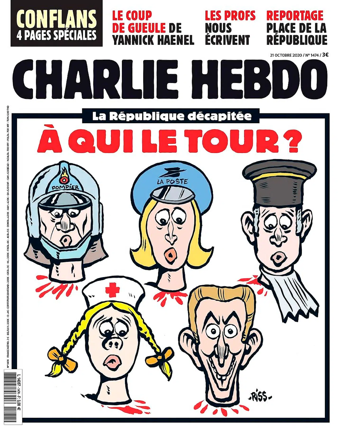 Charlie Hebdos barske kommentar til mordet på skolelæreren Samuel Paty. »Republikken halshugget, hvis tur bliver det næste gang?« spørger satiremagasinet over en tegning af professioner, der ligeledes kunne blive ofre for islamisternes religiøse fanatisme.