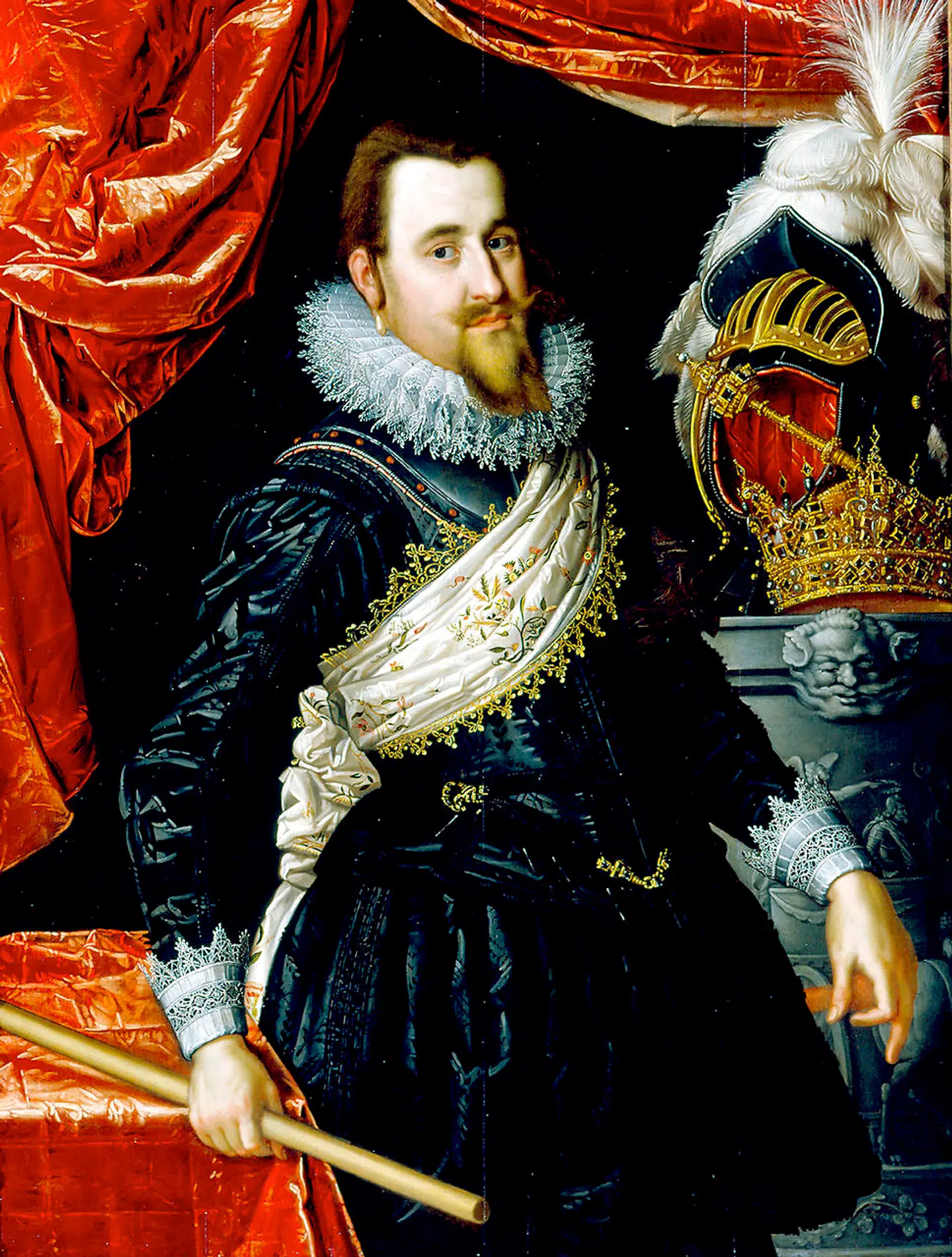 Peter Isaacsz' portræt af Christian 4., der regerede fra 4. april 1588 til sin død 28. februar 1648. Selv om hans regeringstid var præget af militære nederlag og økonomisk tilbagegang, huskes han som bygherre. Han stod bl.a. bag Rosenborg Slot, Børsen, Nyboder og Rundetårn i København.