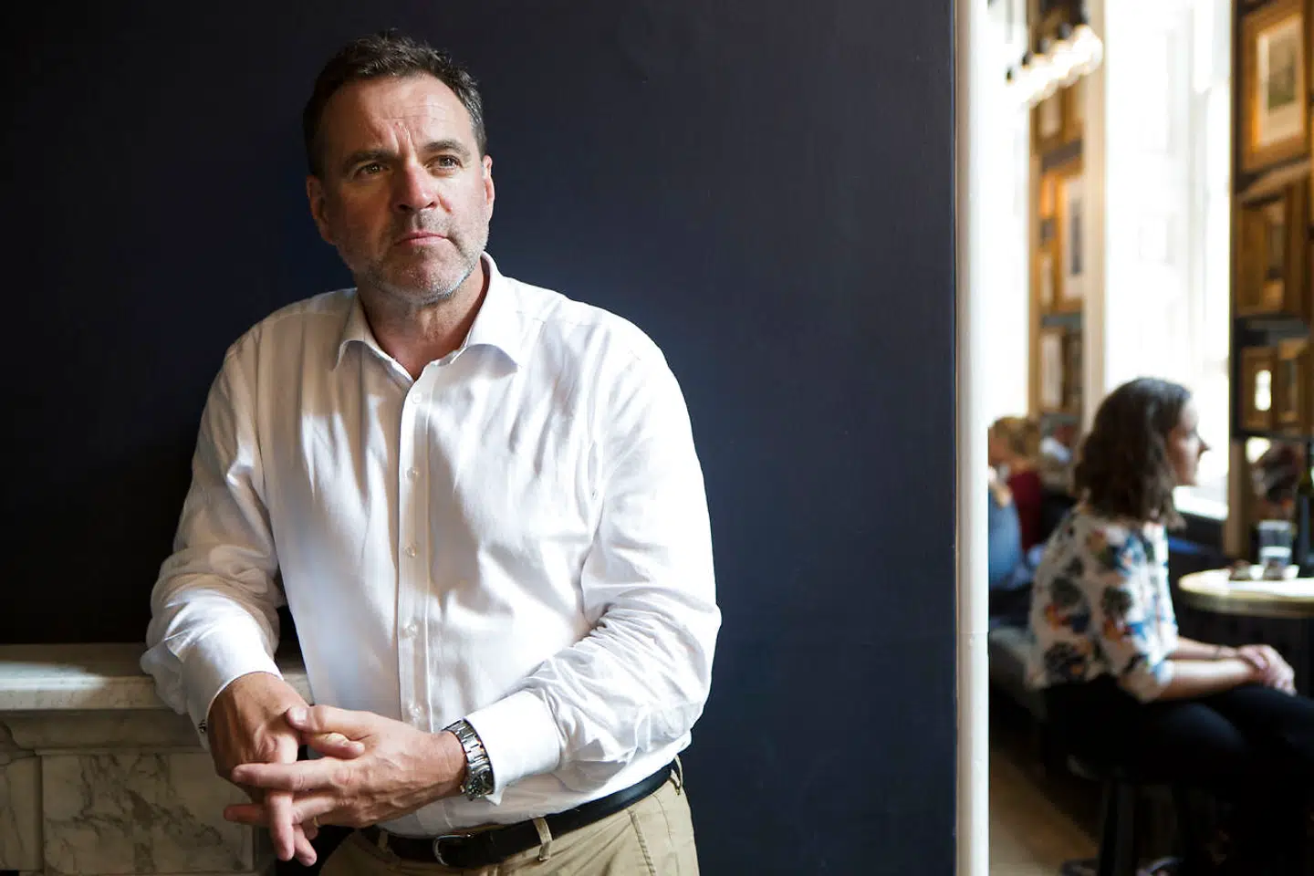 Niall Ferguson photographed with his daughter at Somerset House. Niall Ferguson, Author and historian, photographed at Somerset House, London.