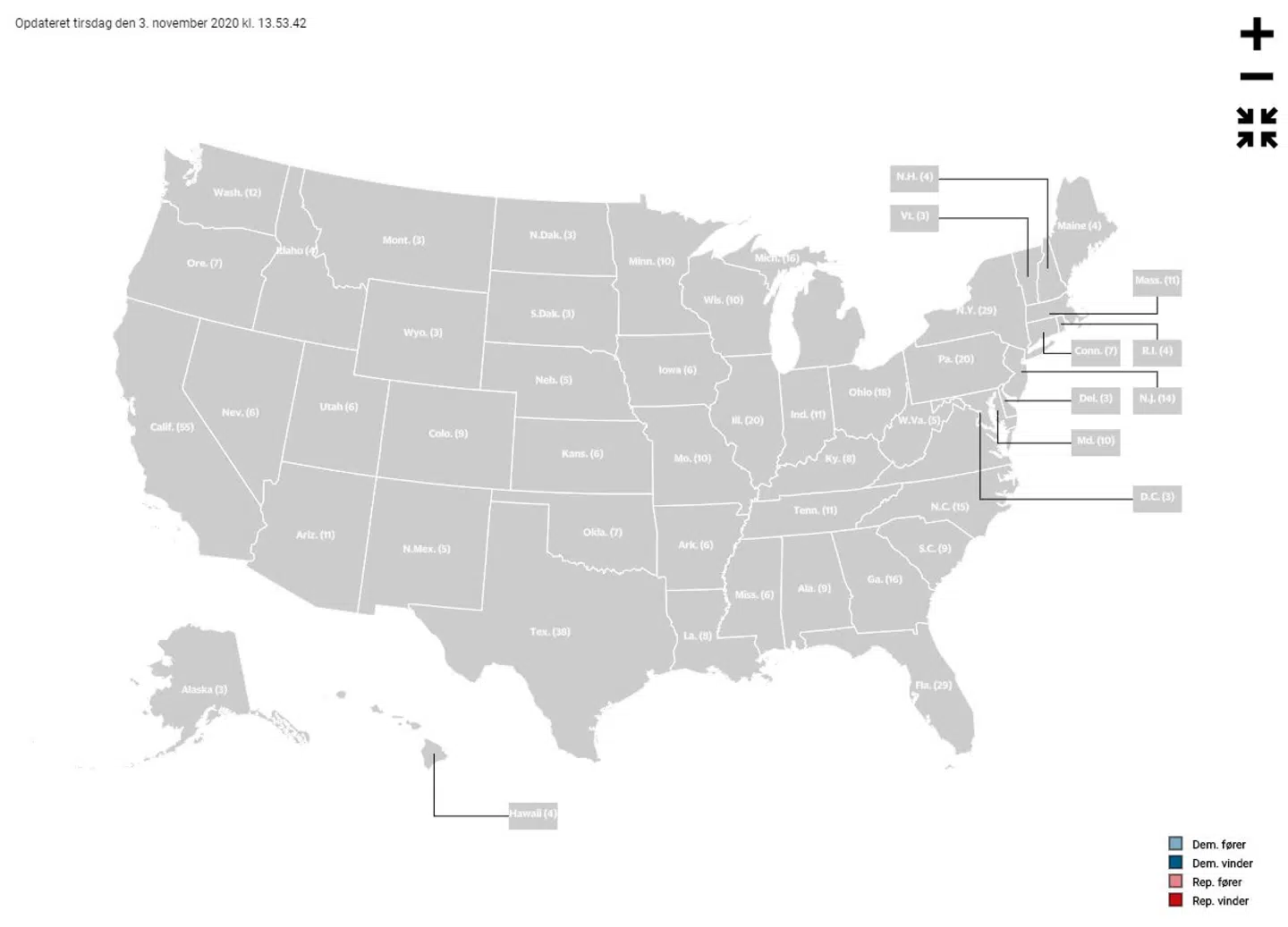 Valgkortet bliver opdateret med 30 sekunders intervaller og er en blanding af optalte stemmer og exit polls.