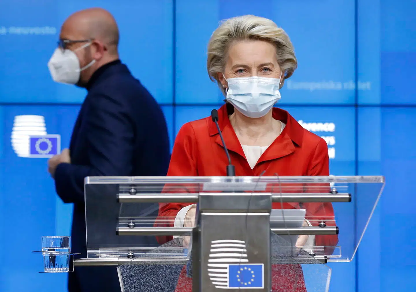 EU-Kommissionens formand, Ursula von der Leyen fortæller efter et videotopmøde torsdag aften, at der er afsat 1,6 milliarder kroner til projektet. October 2020. EPA/OLIVIER HOSLET / POOL