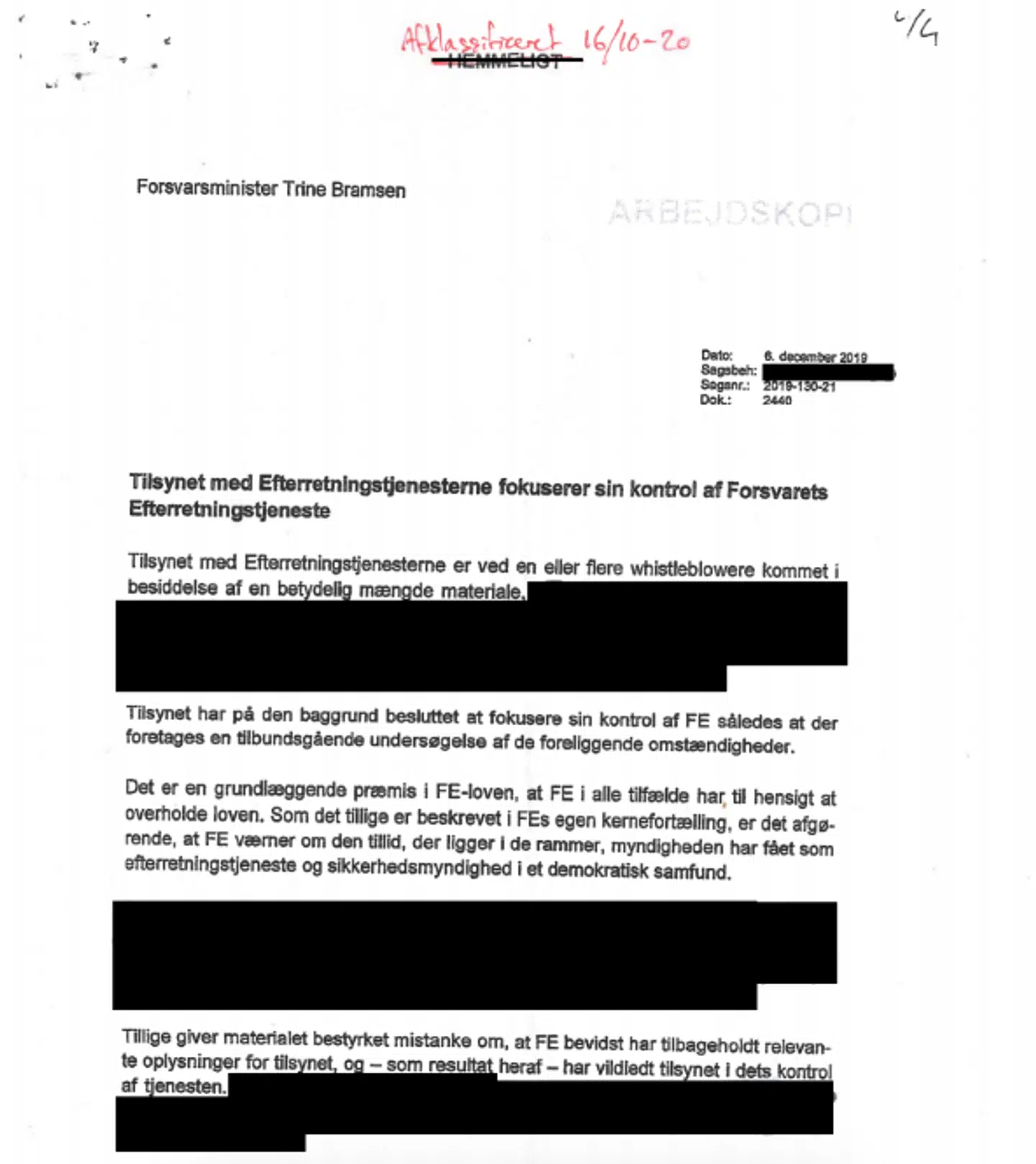 Berlingske har blandt andet fået aktindsigt i et brev fra Tilsynet med Efterretningstjenesterne til Trine Bramsen fra 6. december 2019.