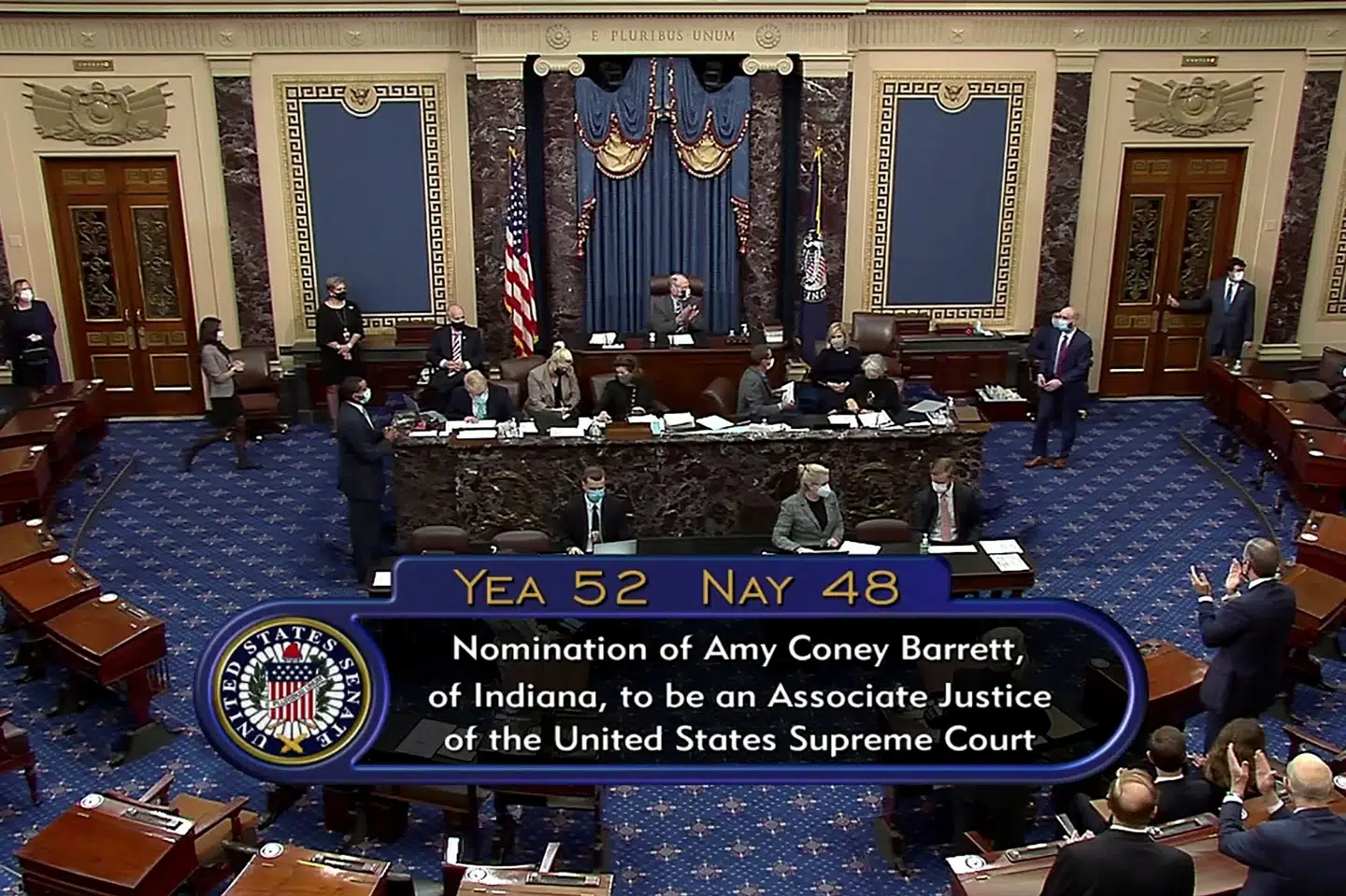 Susan Collins var den eneste af Senatets 53 republikanske medlemmer som brød partilinjen og sammen med de demokratiske senatorer stemte mod Amy Coney Barrett som ny højesteretsdommer. Senate Tv/Reuters